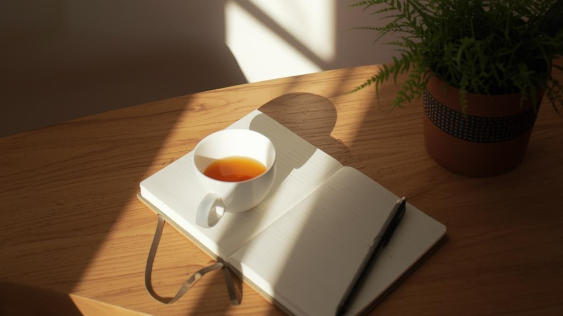 A close-ip of a desk with a cup of tea, notebook, and pen.