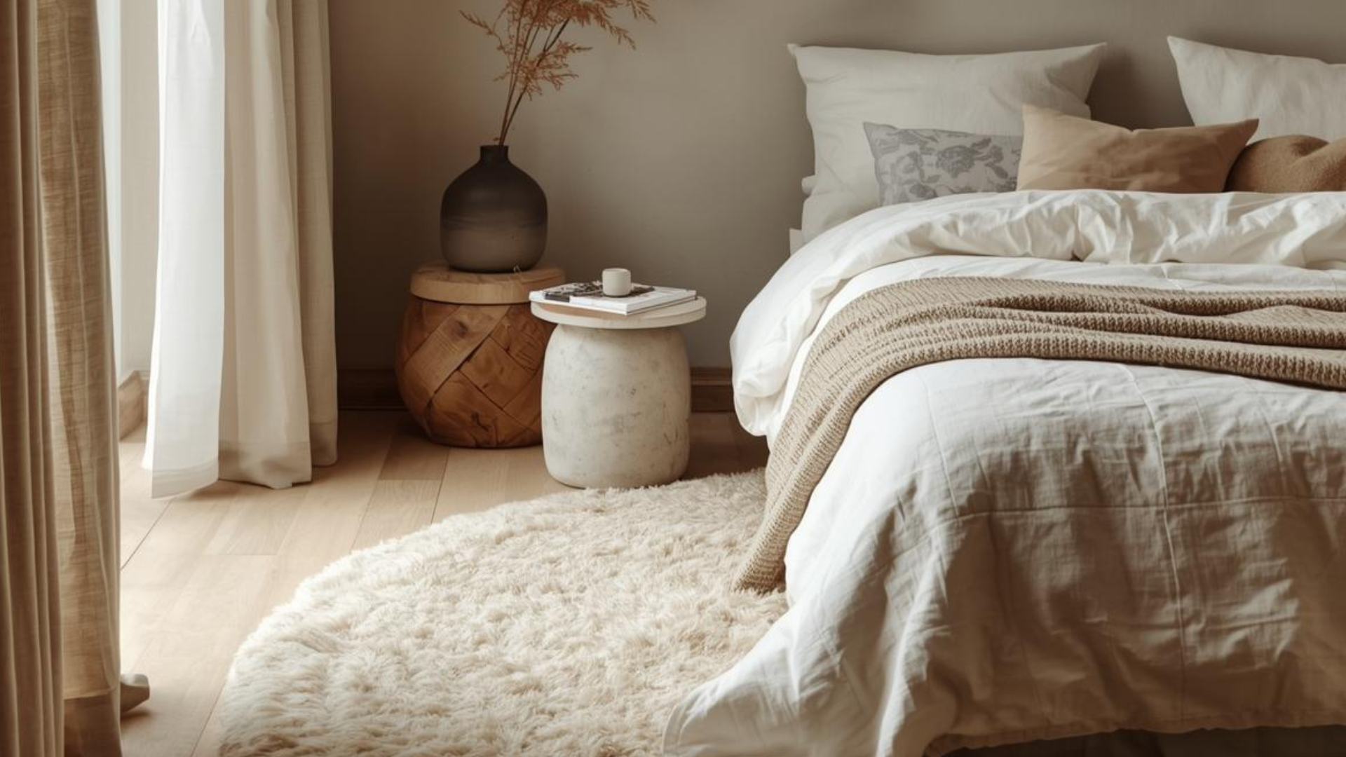 A neutral bedroom with various textures from the beige bedsheets to the wooden side table.