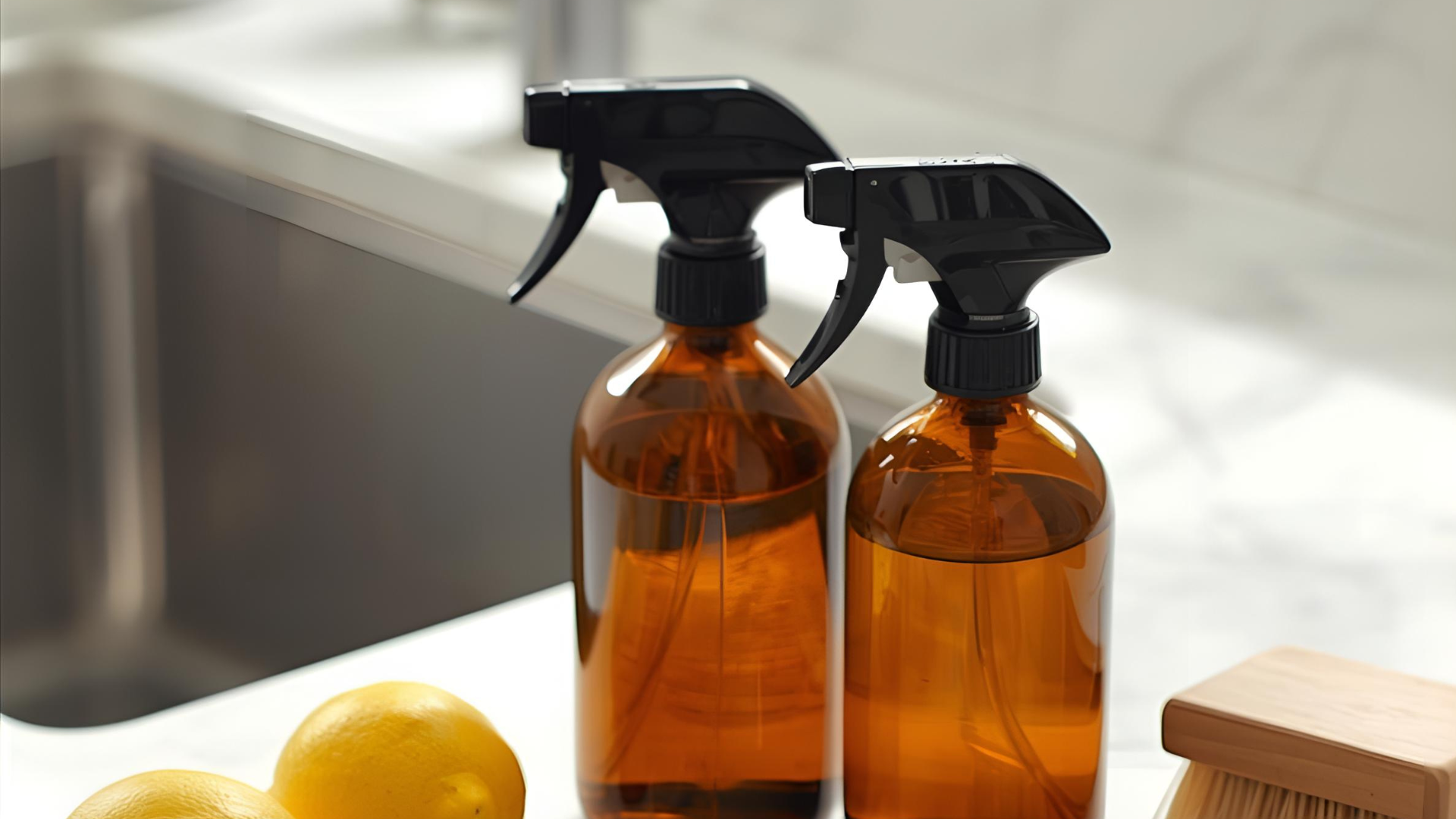 Natural cleaning supplies, along with lemons on a kitchen counter top.