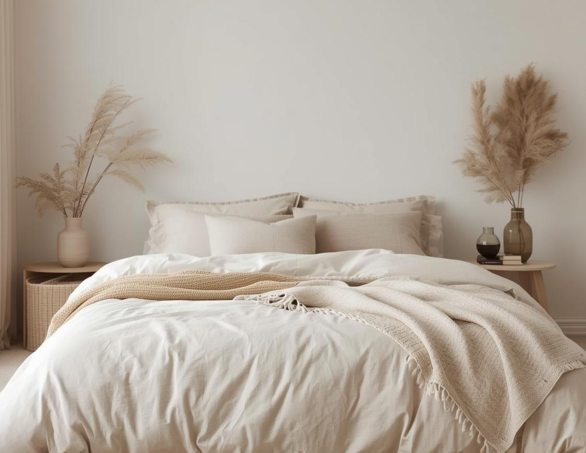 A netural bedroom close-up with white and beige bedding.