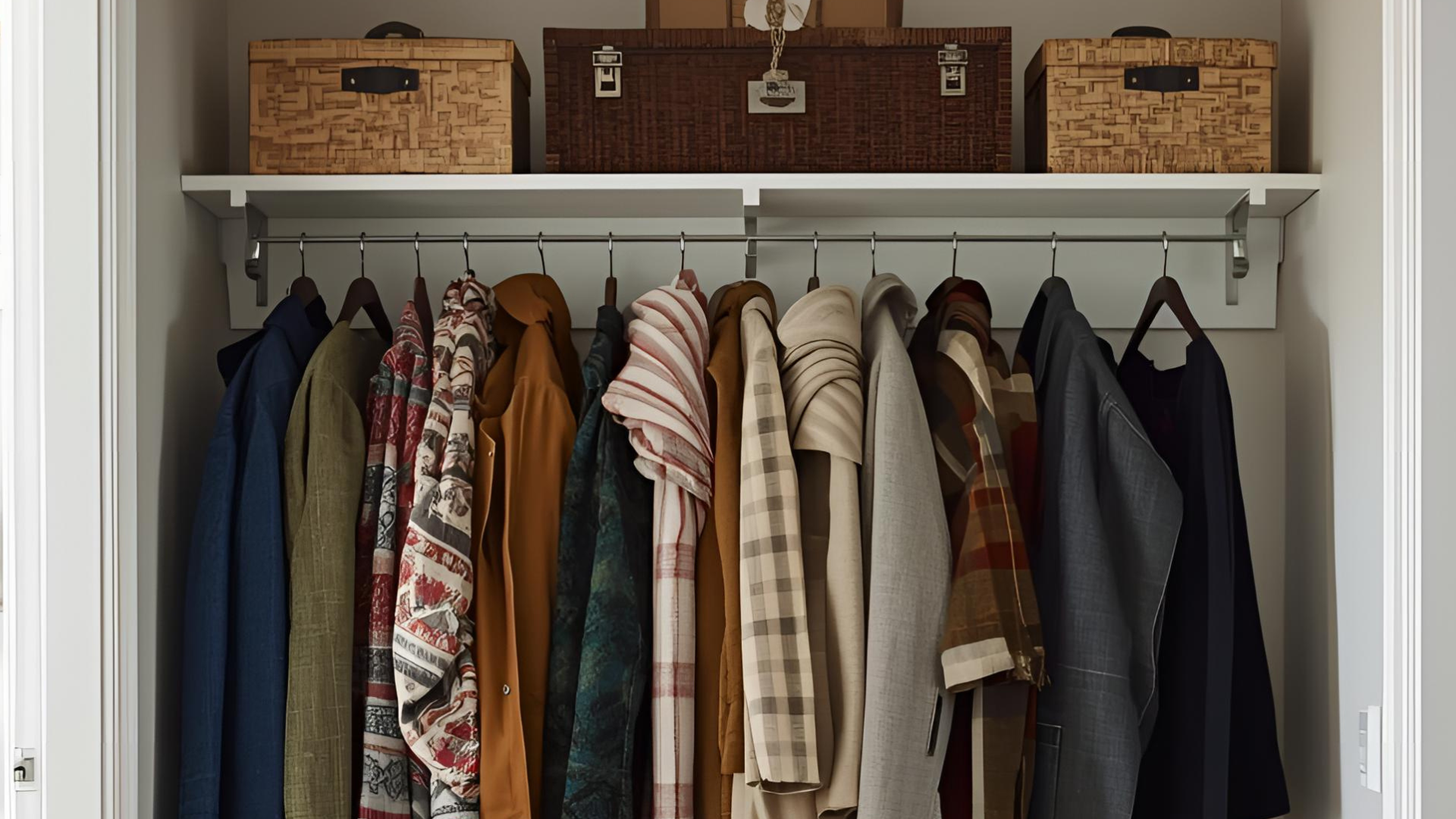 An interior bedroom closet close-up with winter clothing inside.