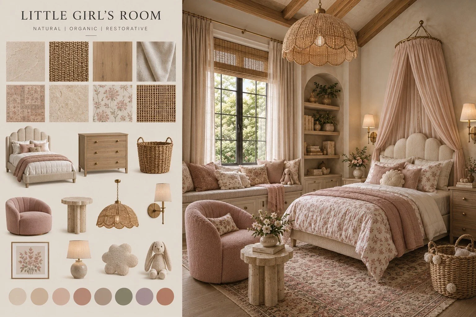 Warm organic little girl’s bedroom design board featuring a canopy bed, floral bedding, window seat, wicker pendant light, wood dresser, blush-pink chair, and natural decor