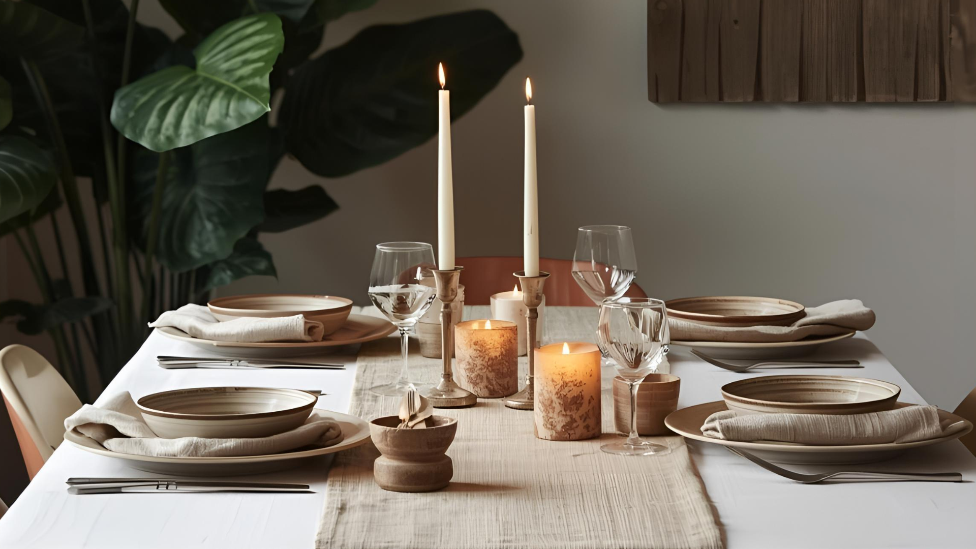 A cozy dining room with neutral accents with two skinny candles.