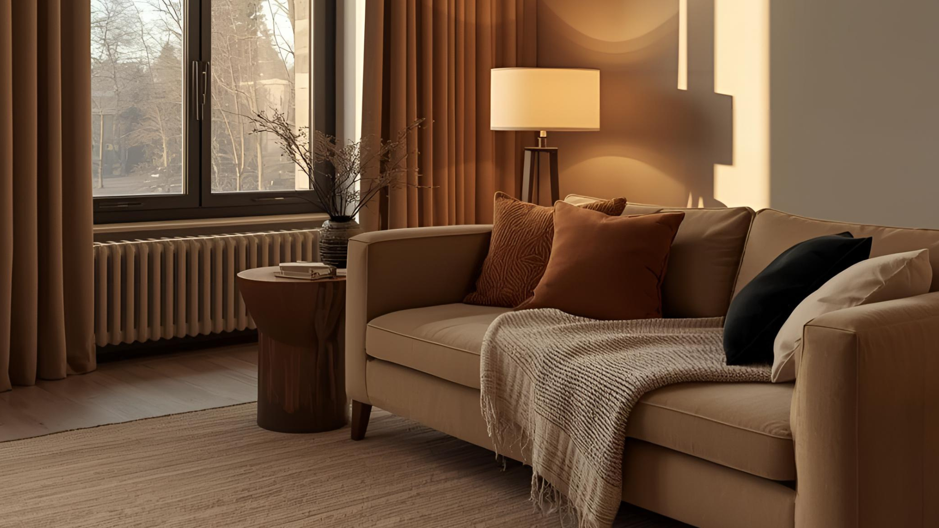 A cozy sofa corner with large open windows and neutral colors throughout.