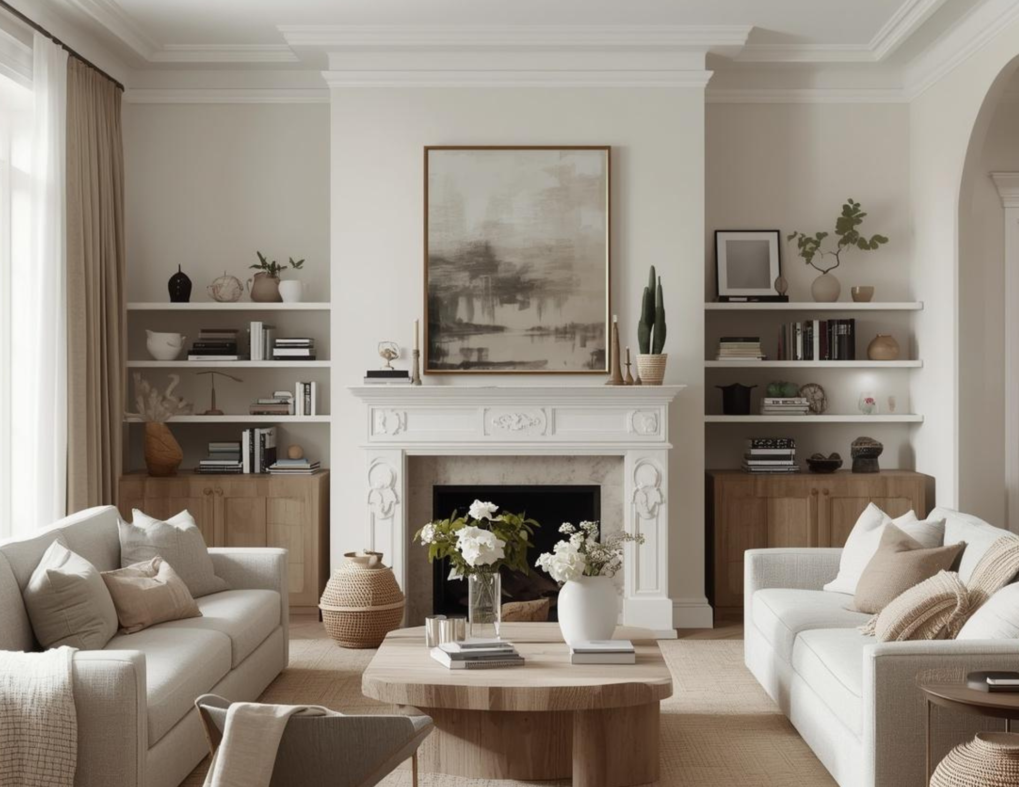 A large maximalist living room with lots of books and shelving thoughout and a large fireplace.