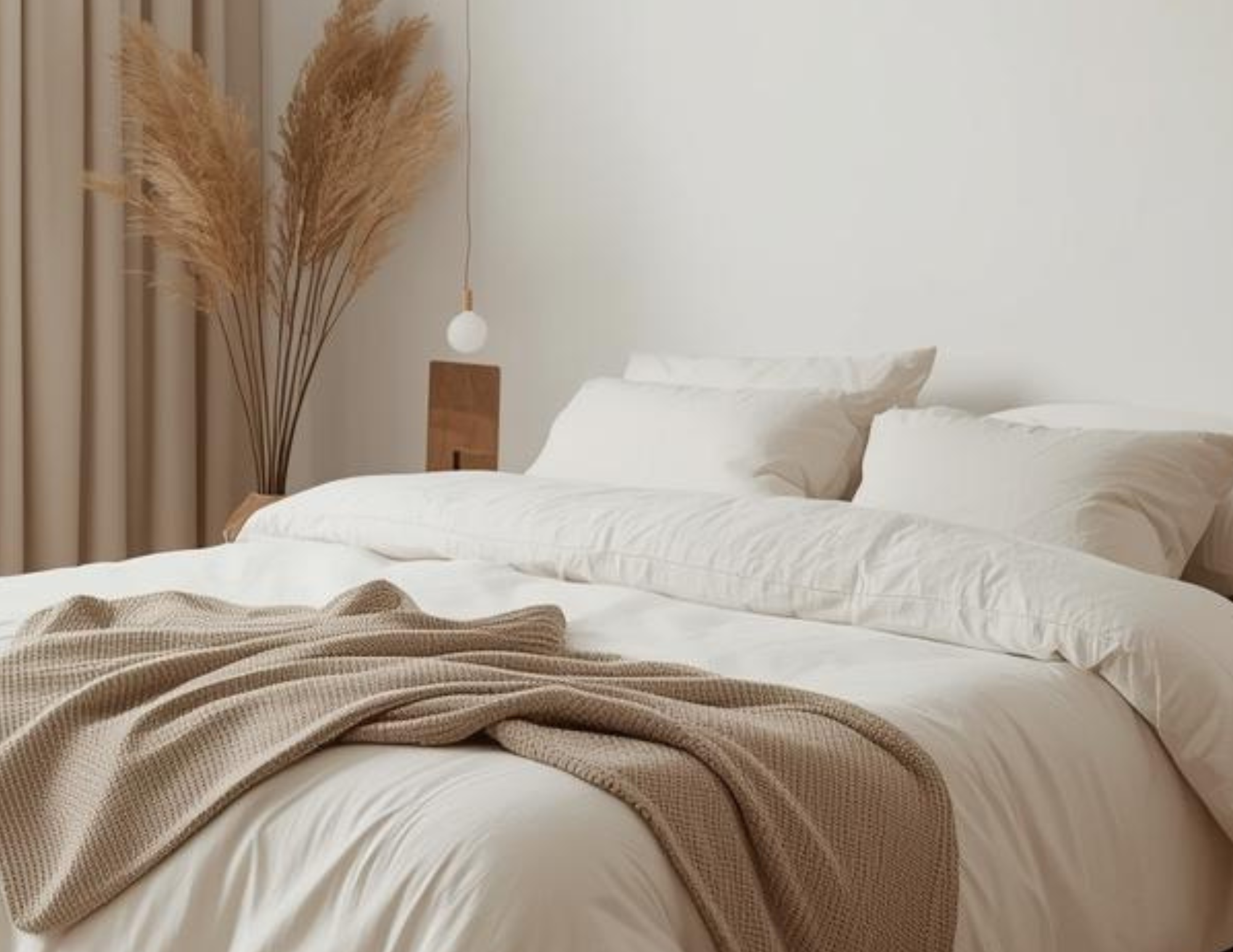 A bedroom close-up with netural walls and bedding.