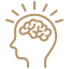 Illustration of a human head with a brain and radiating lightbulb rays