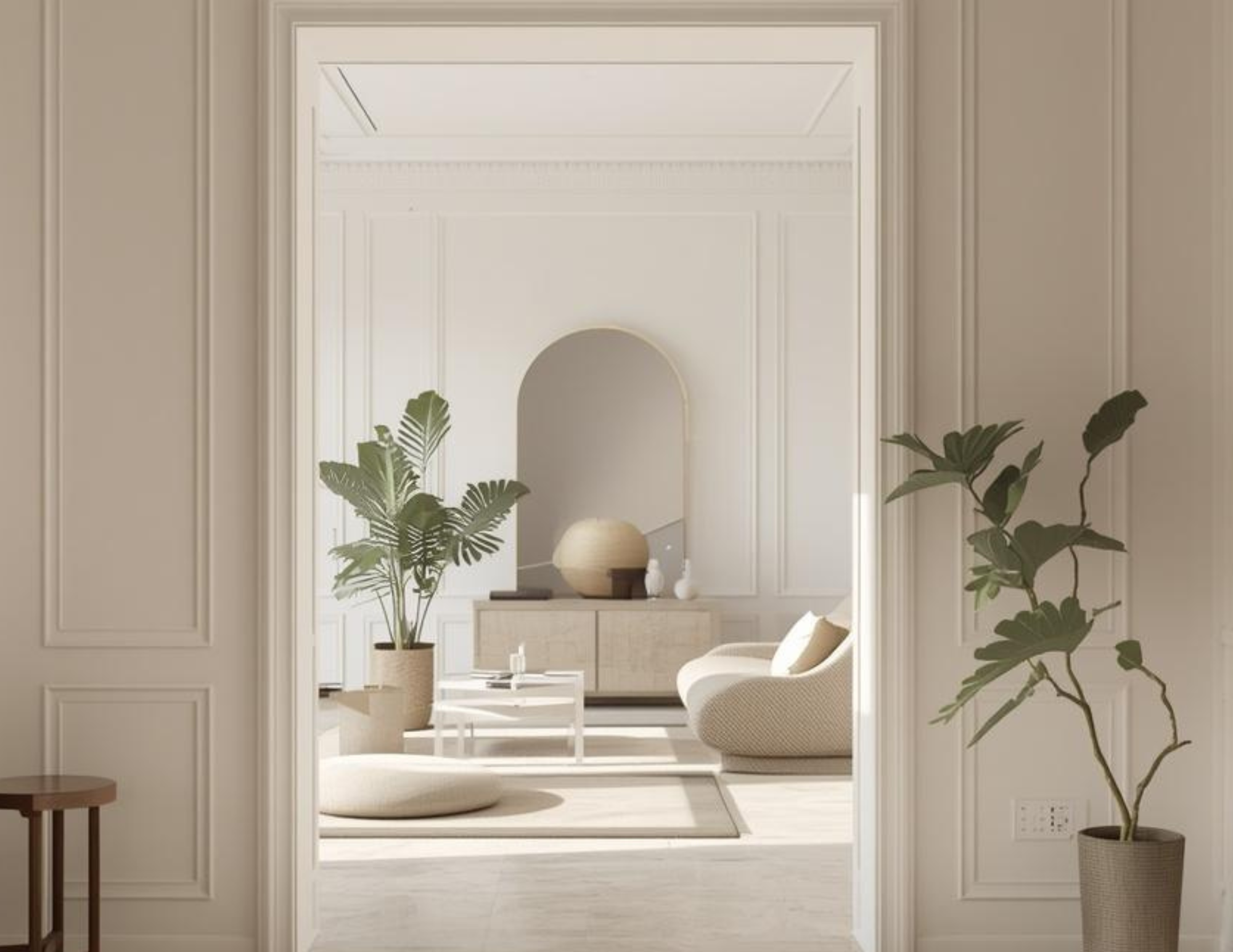 A close-up of a modern organic living room with high ceilins and beige furniture.