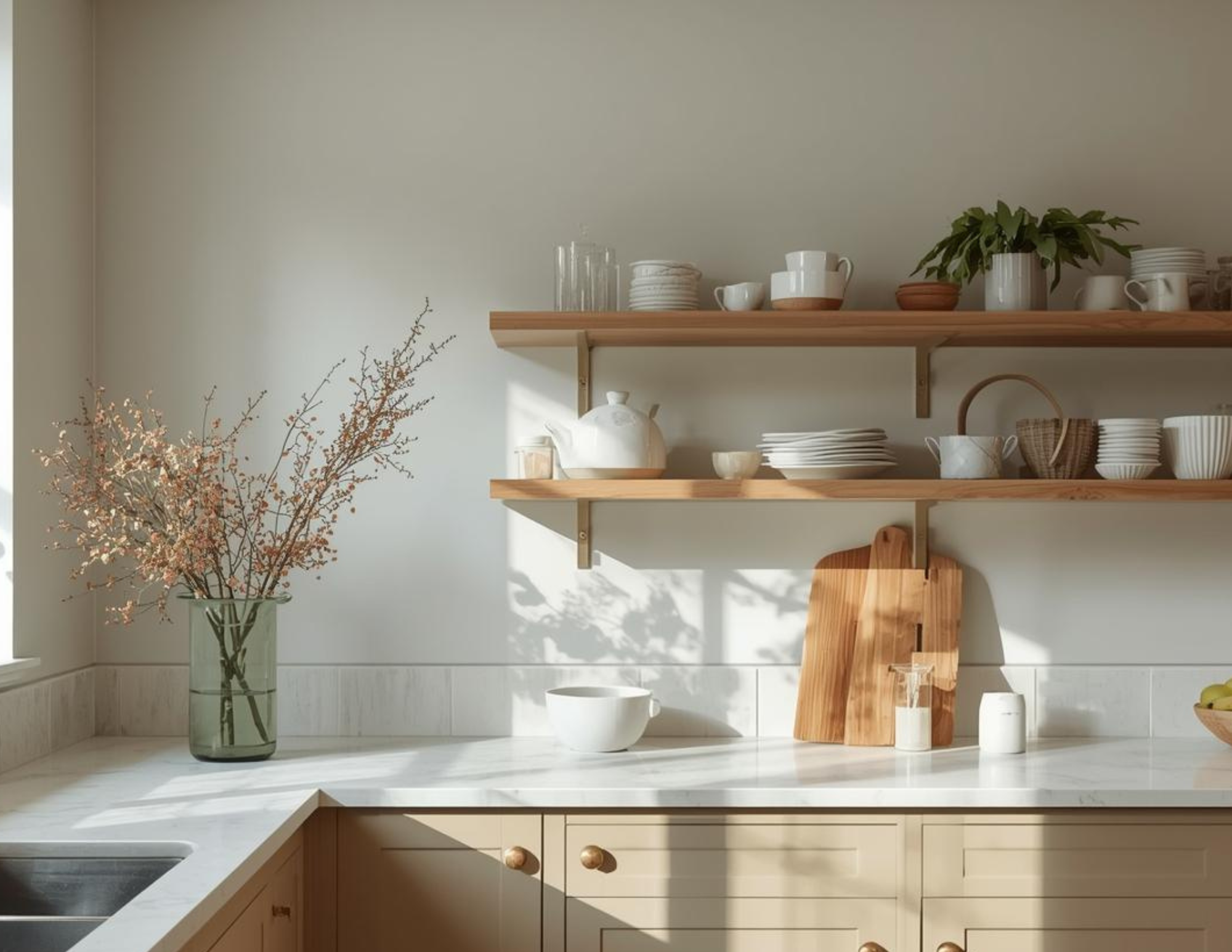 A netural kitchen with wooden shelving and white plates against a white wall.