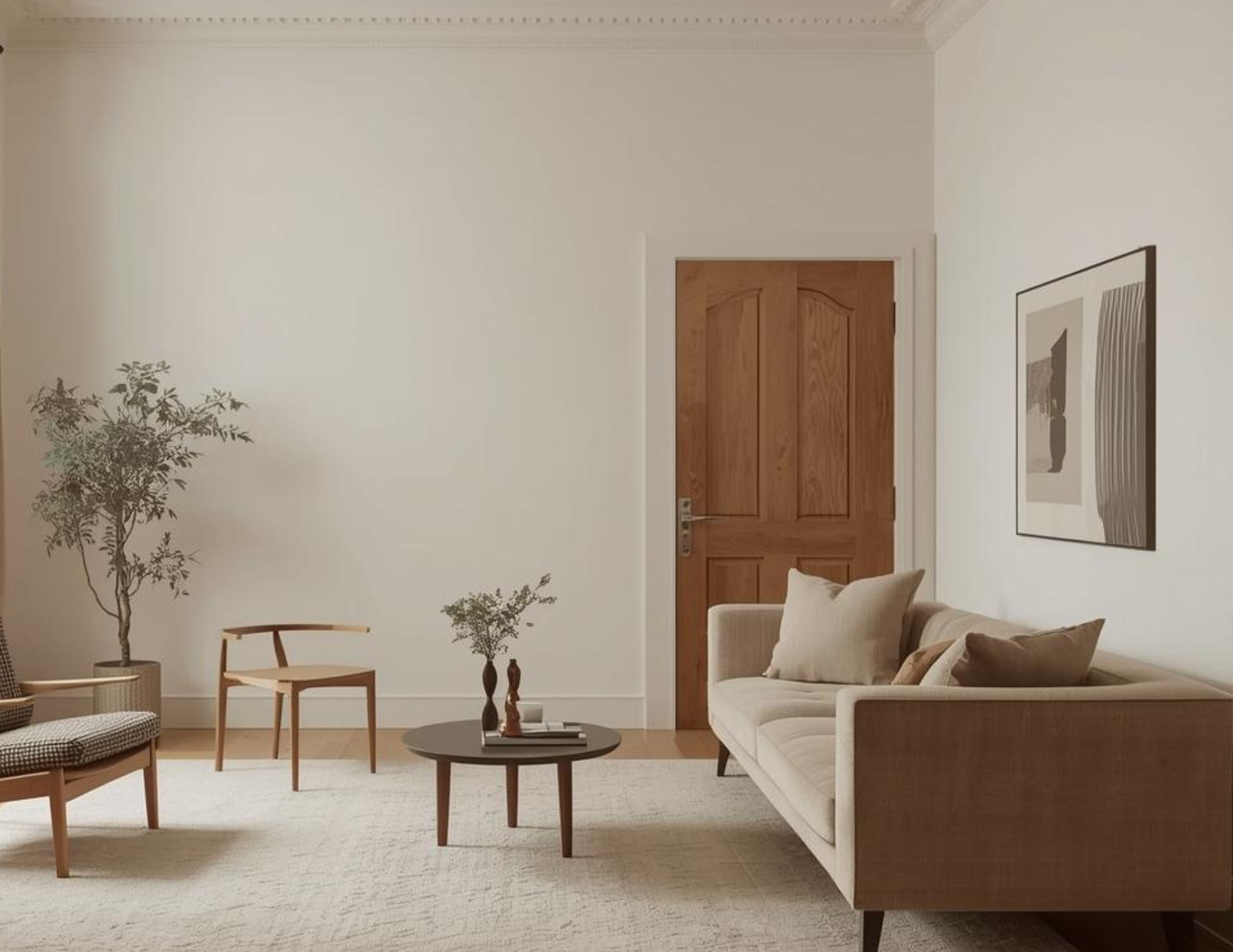 A bright white living room with a wooden door and netural furniture.