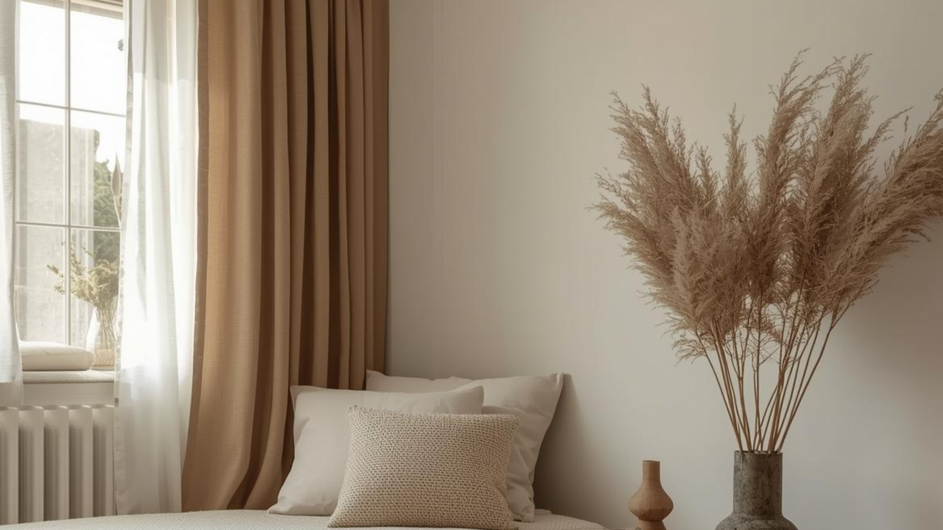 A neutral window sitting area with netural pillows, soft drapes, and plants nearby.