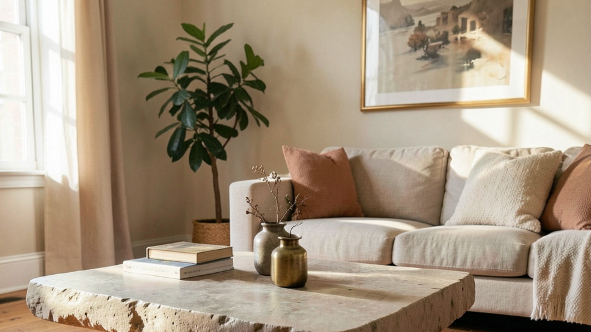 A close-up of a stone coffee table and a beige sofa.