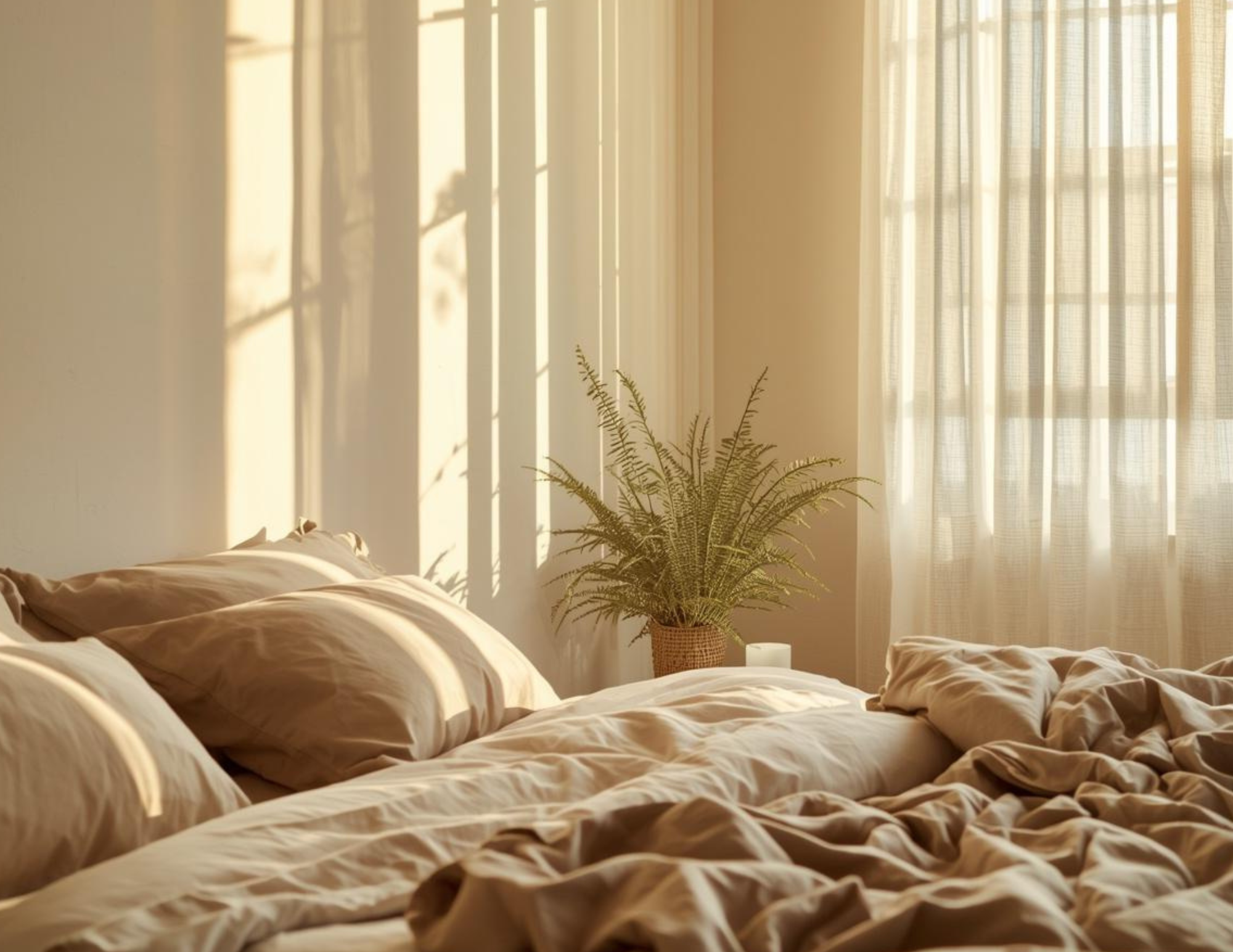 A cozy morning bedroom with natural light coming through the netural curtaints.
