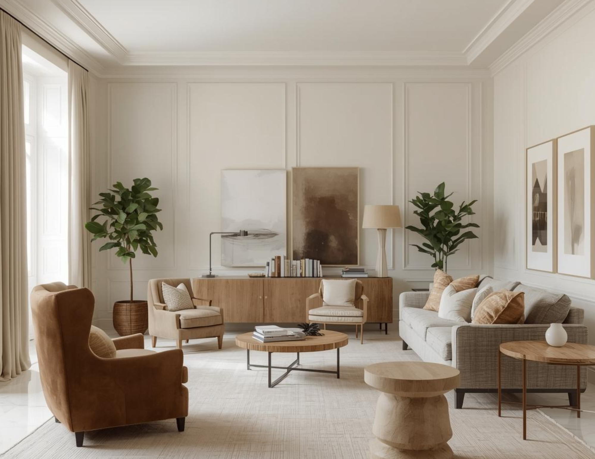 A white livining room with multiple netural seating options and round side and coffee tables.