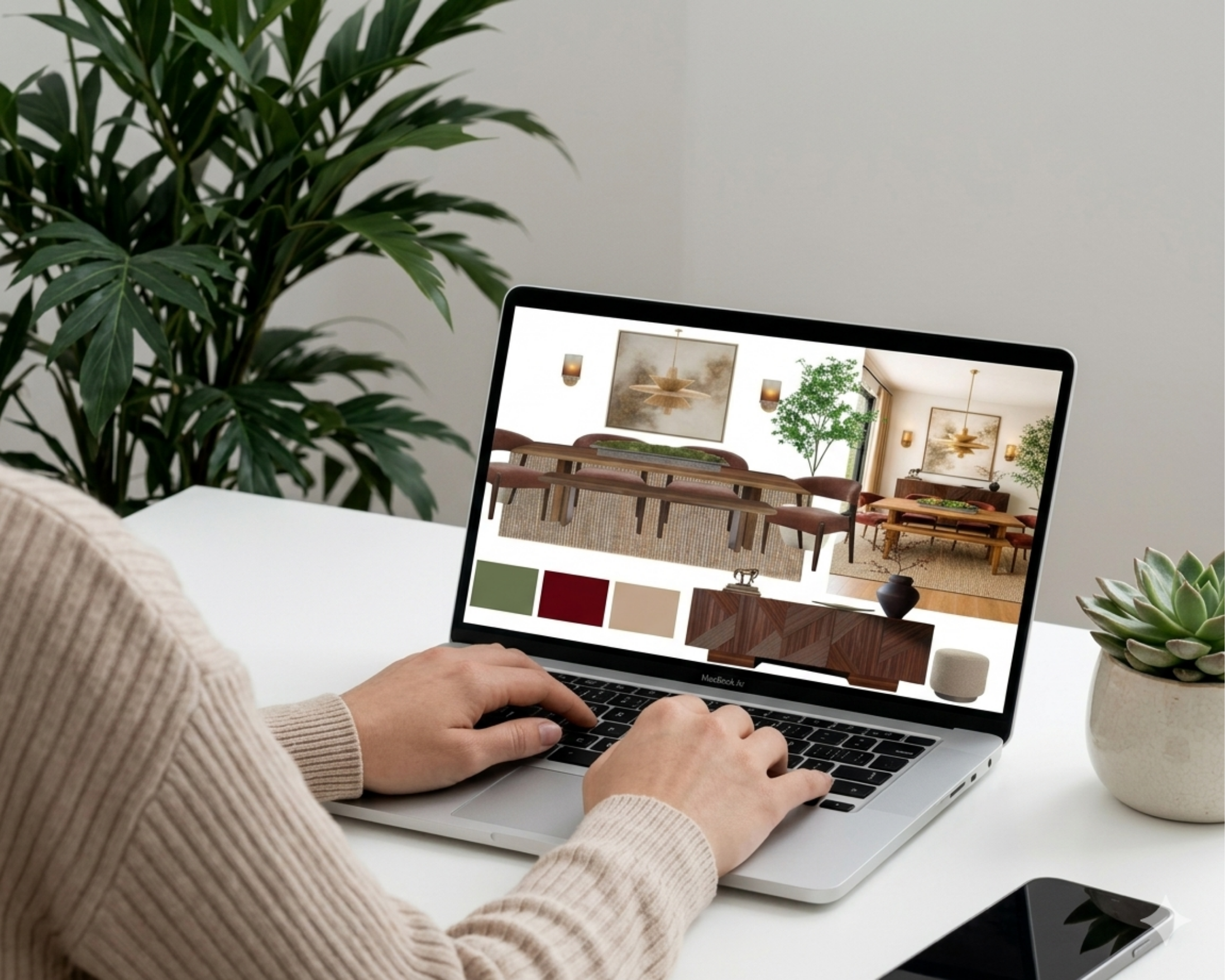 An over-the-shoulder shot of a designer working on a digital laptop setup, displaying a warm, earthy dining room interior design concept board complete with color swatches and furniture layouts