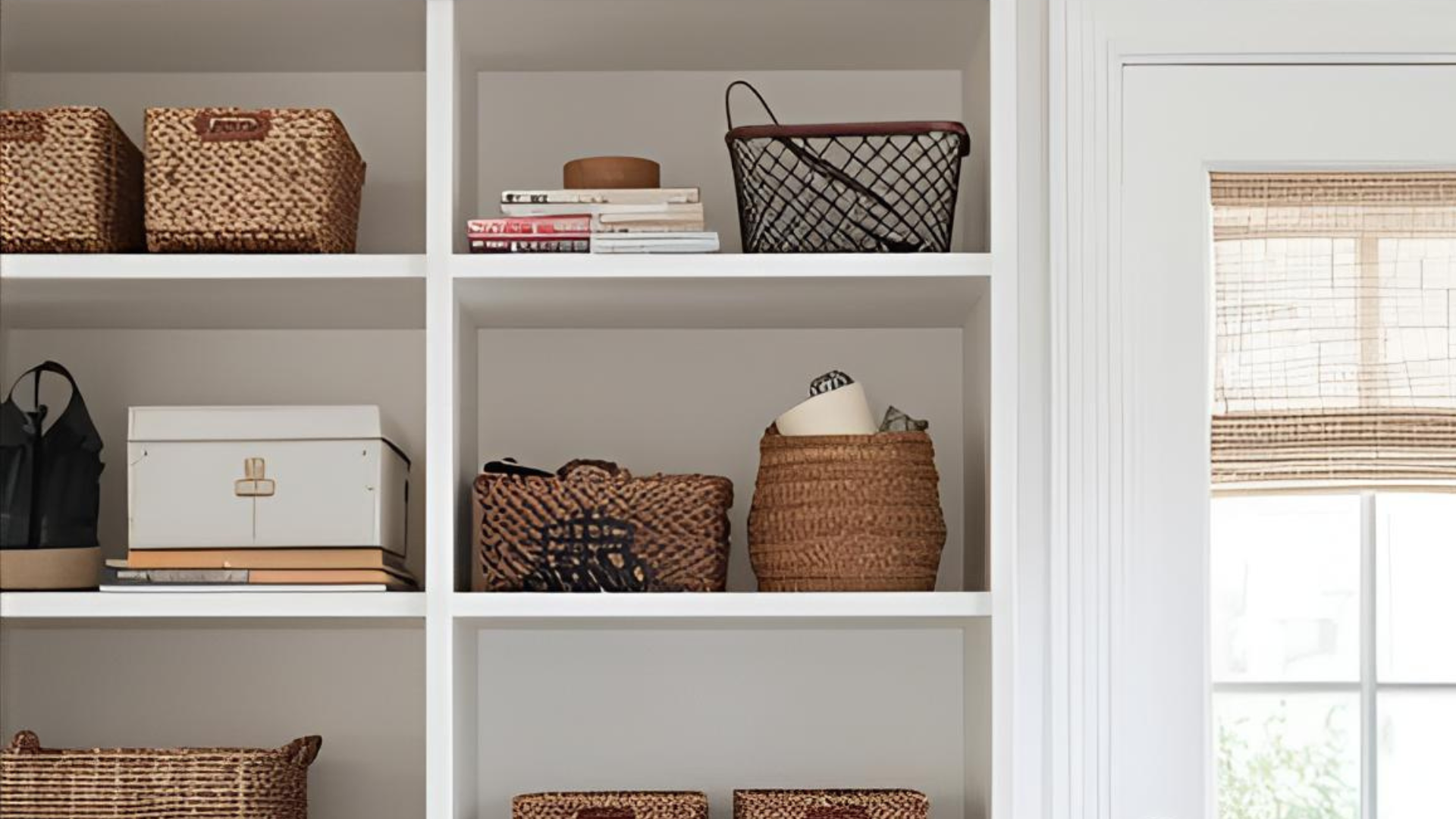 Bright wall built-in's with various organizational bins.