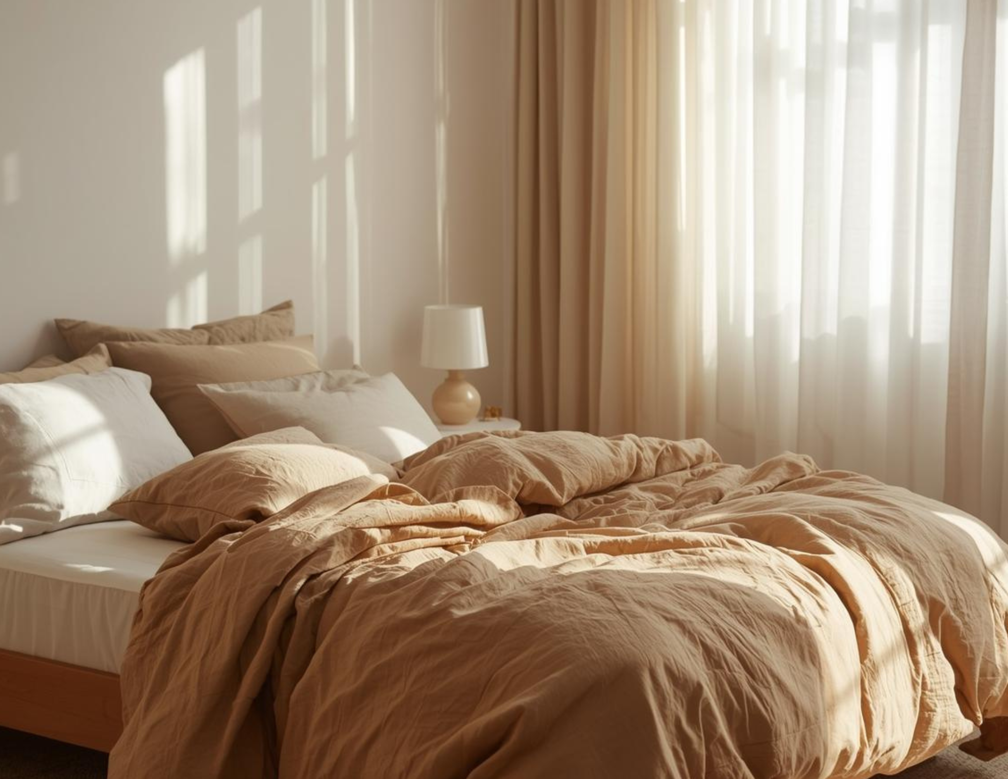 A close-up of a mesy netural colored bed with netural drapery and sun coming through the window.