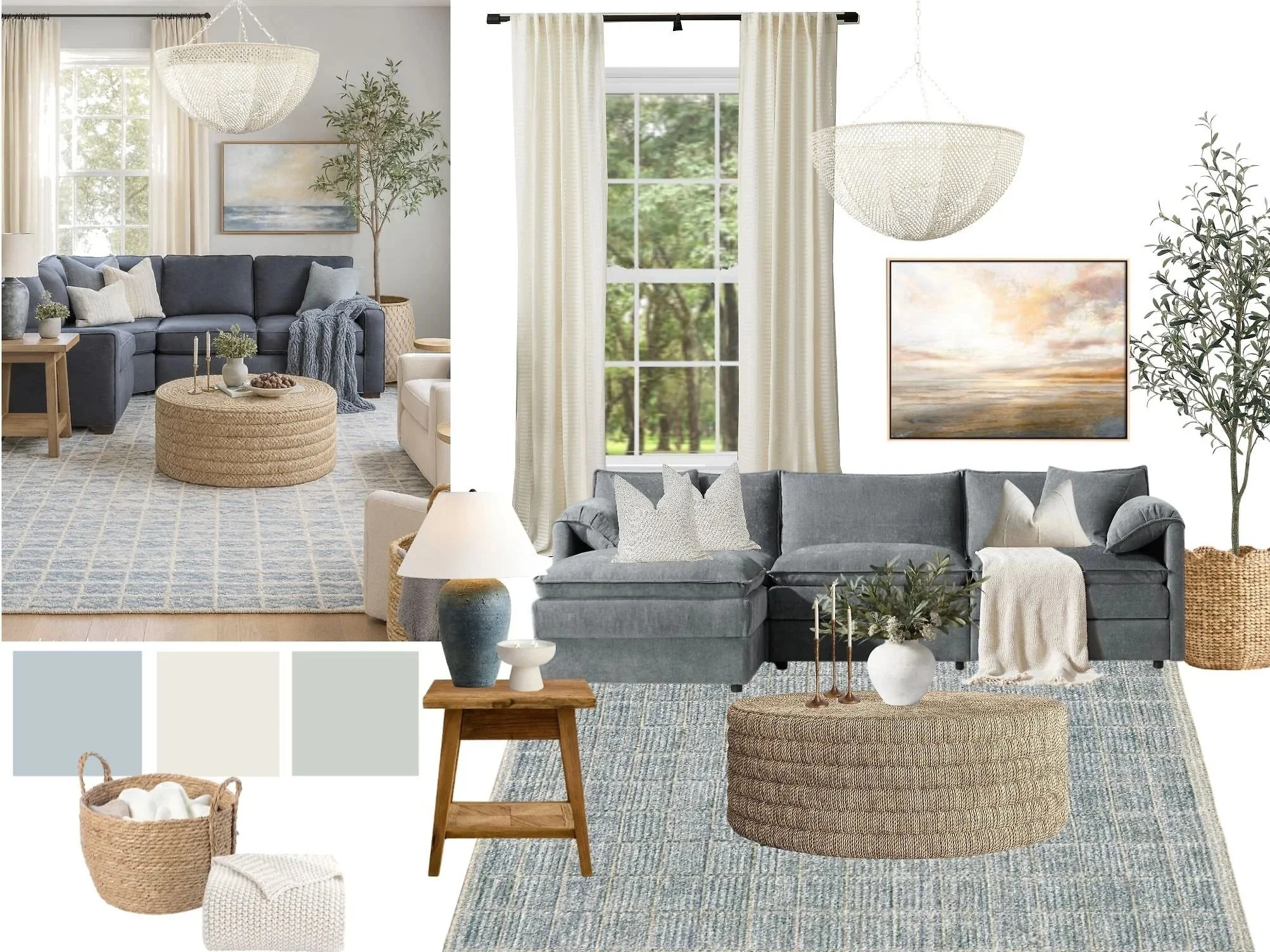 A living room with a gray sectional sofa, white armchair, woven round ottoman, and various throw pillows. Large window with sheer cream curtains, framed artwork of a seascape, potted plants, and a chandelier hanging from the ceiling. A wooden side table with decorative items and a basket filled with white blankets or towels are also visible.