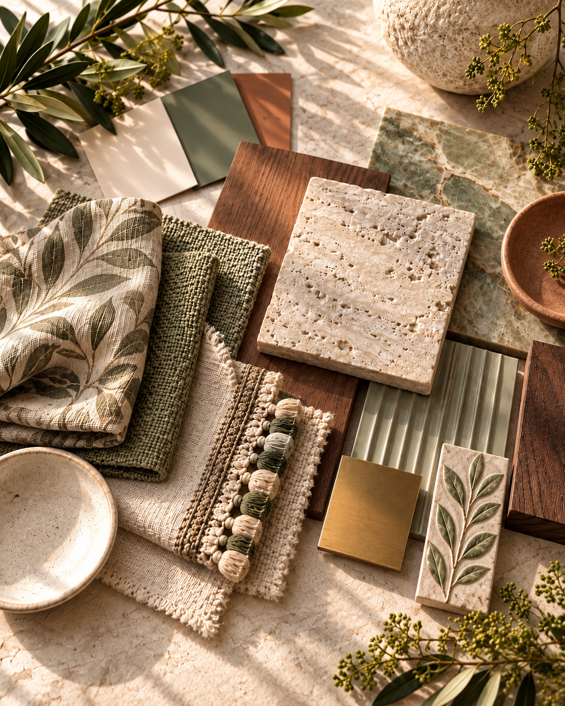 various textured and organic sample designer materials on a surface