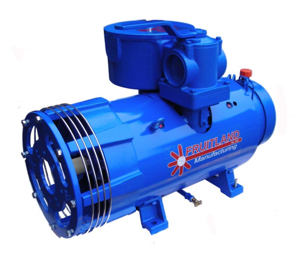 Blue industrial vacuum pump with "Fruitland Manufacturing" logo.