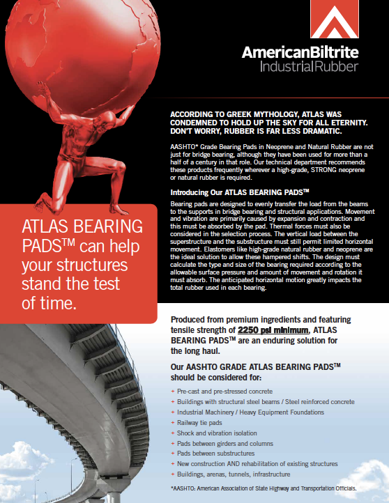 Advertisement for American Biltrite Industrial Rubber's Atlas Bearing Pads, featuring a mythical Atlas graphic holding a globe and promoting the product's durability and applications. Text highlights tensile strength, design flexibility, and suitability for various construction uses.