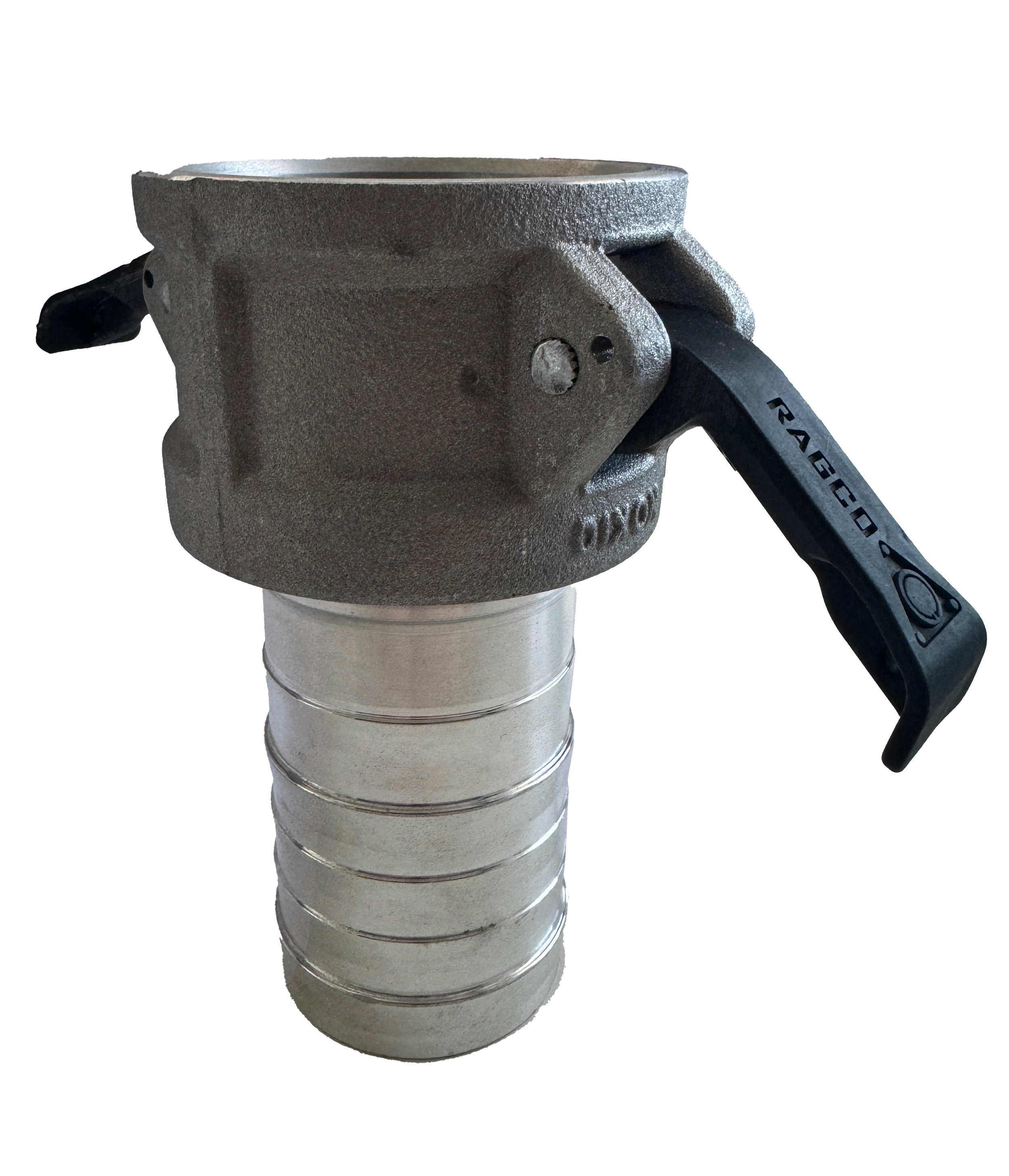 Cam and groove coupler with handles, metallic finish