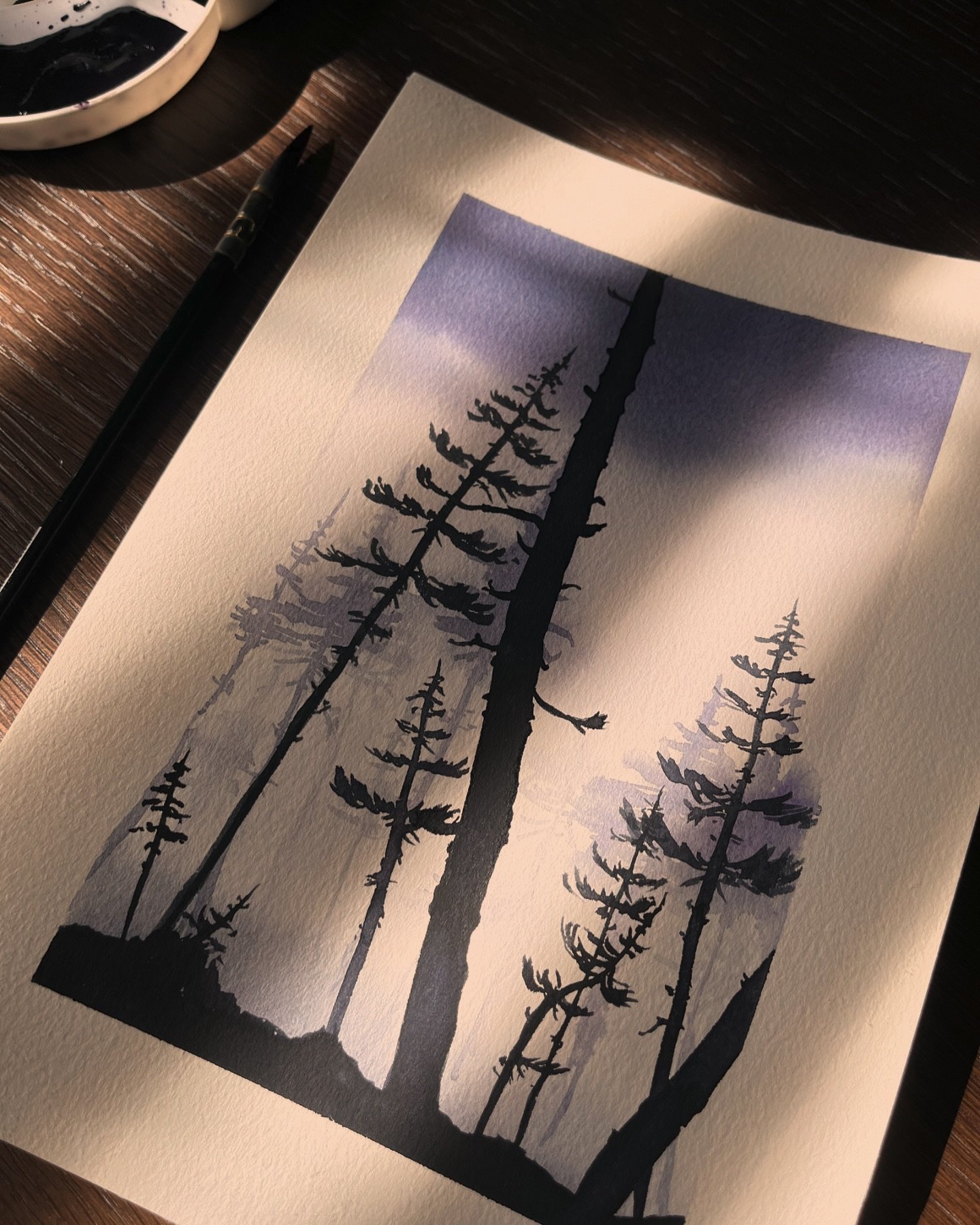 Hazy Forest - watercolour painting 
🌫️🌧️🌲
I would like to improve my techniques, so I took a class by @watercolors_by_sukrutha to learn more about layering and wet on wet painting. This is the result. Materials: @vangoghcolours 
-
Q: Have you take