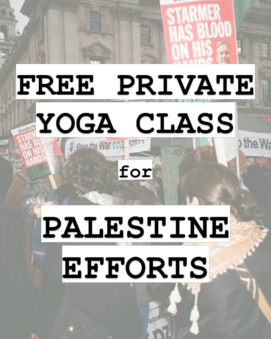 YOGA IS POLITICAL.

If you&rsquo;re interested in receiving a free 60-minute yoga class, tailored to you and your needs, please DM me. You don&rsquo;t need to provide proof of action as the goal is to encourage effort and conversation.

Free Palestin