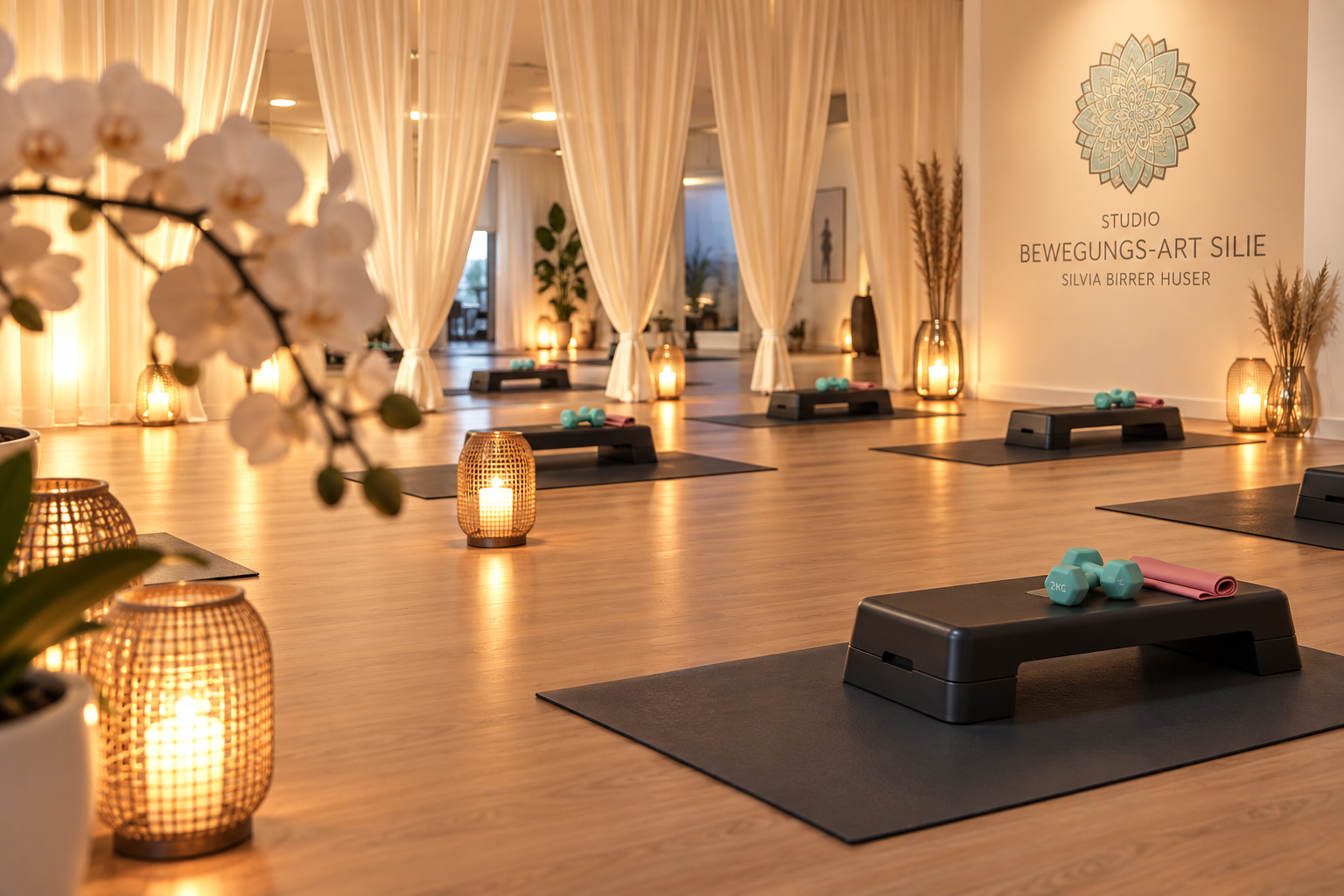 Innenraum eines Yoga-Studios mit schwarzen Yogamatten, kleinen schwarzen Stepboards, Handgewichten, Yogahandtüchern, Kerzen und Deko-Elementen, in einem ruhigen Ambiente mit weißen Vorhängen und Pflanzen.