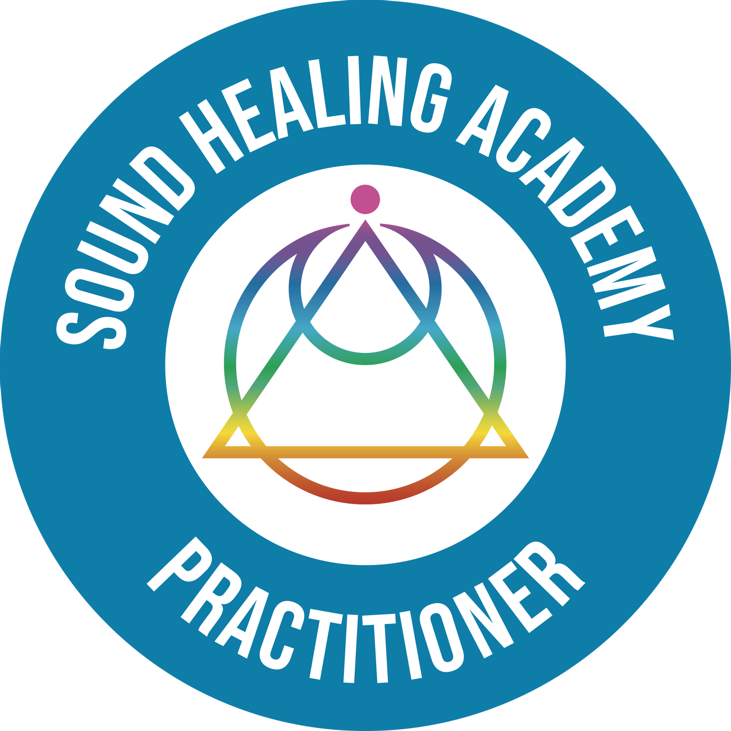 Logo of Sound Healing Academy Practitioners featuring a geometric design in rainbow colors inside a blue circle with white text.