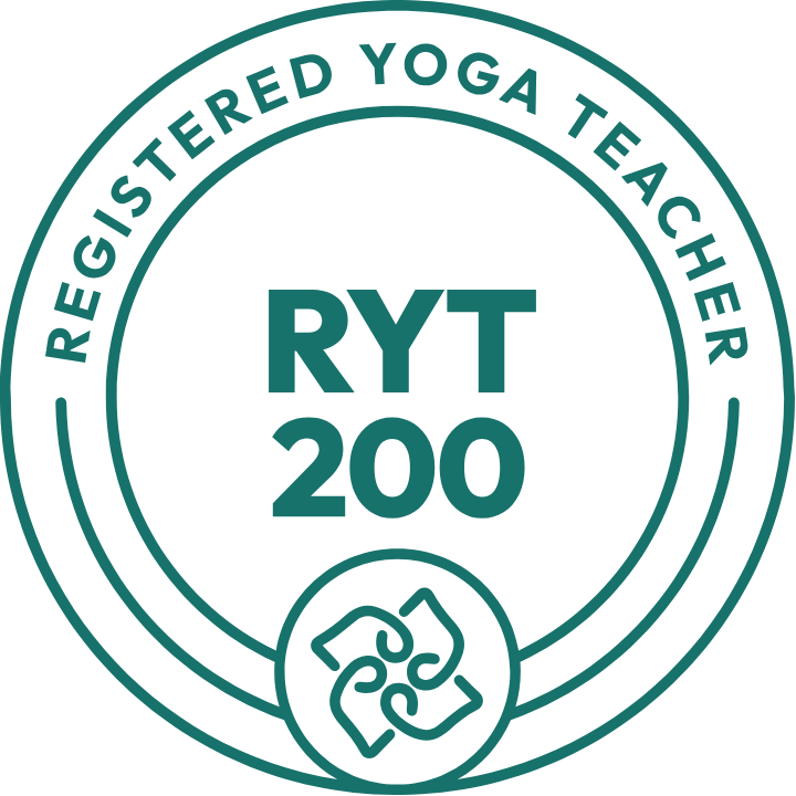 Circular logo with text that reads 'Registered Yoga Teacher' and 'RYT 200.' The center features a stylized lotus flower symbol.