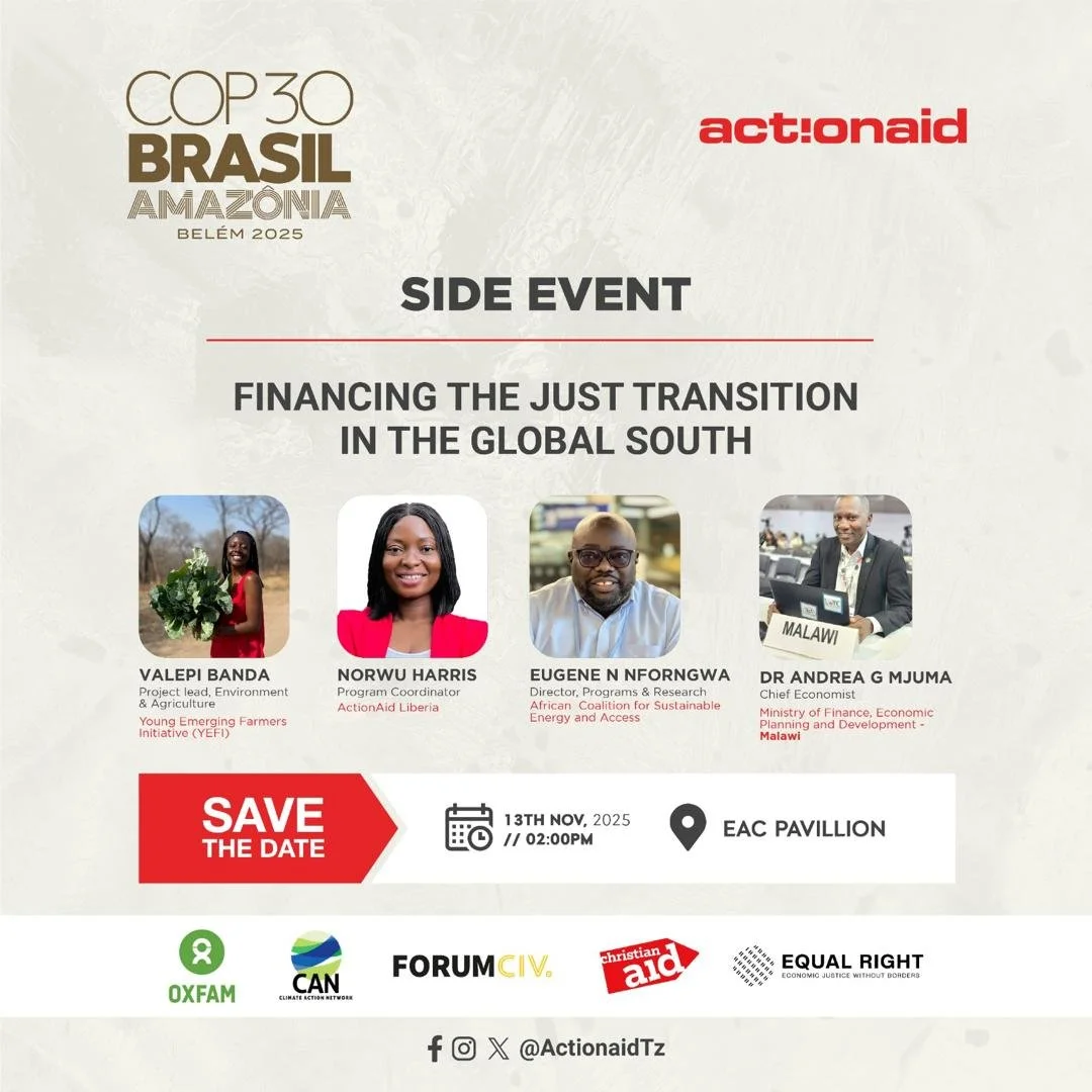 🌍 Join Equal Right at COP30!

We&rsquo;re excited to announce that Equal Right will be speaking at the COP30 Side Event: Financing the Just Transition in the Global South, hosted at the EAC Pavilion.

📅 Date: 13 November 2025
🕑 Time: 14:00&ndash;1