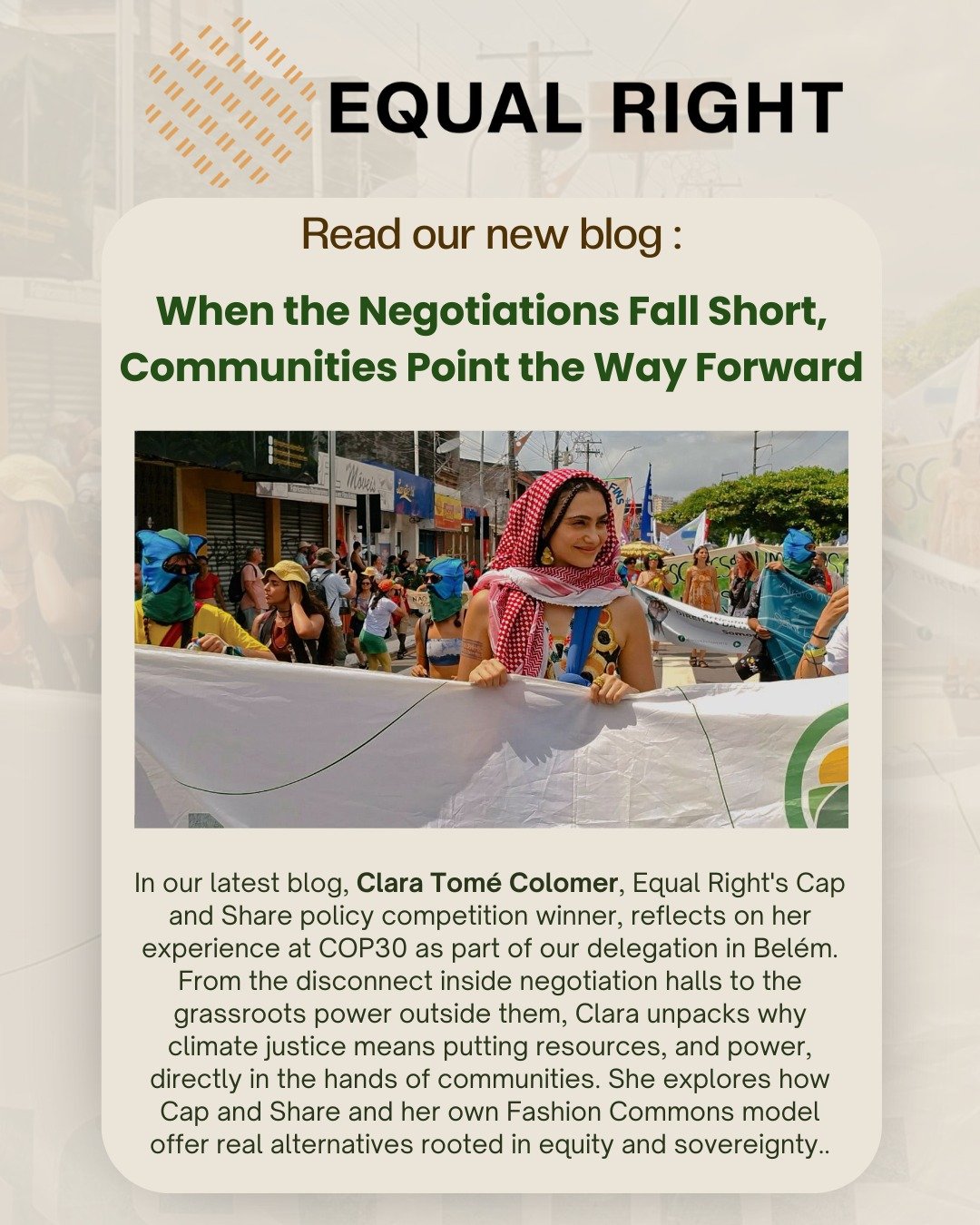 When the Negotiations Fall Short, Communities Point the Way Forward !

In our latest blog, Clara Tom&eacute; shares her reflections from COP30 in Bel&eacute;m, as a member of Equal Right&rsquo;s delegation and winner of our Cap and Share policy compe