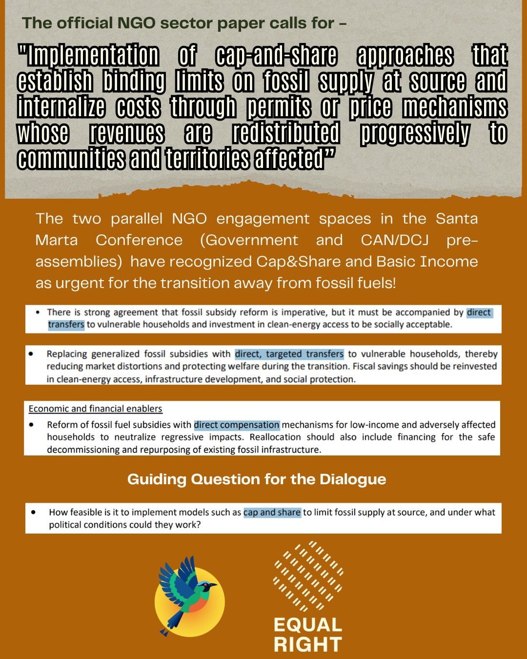 Cap &amp; Share and Basic Income, now!
As the First Transition Away from Fossil Fuels Conference is underway, two reports have helped shape NGO engagement: the Government of Colombia engagement process and the Climate Action Network / DCJ People&rsqu