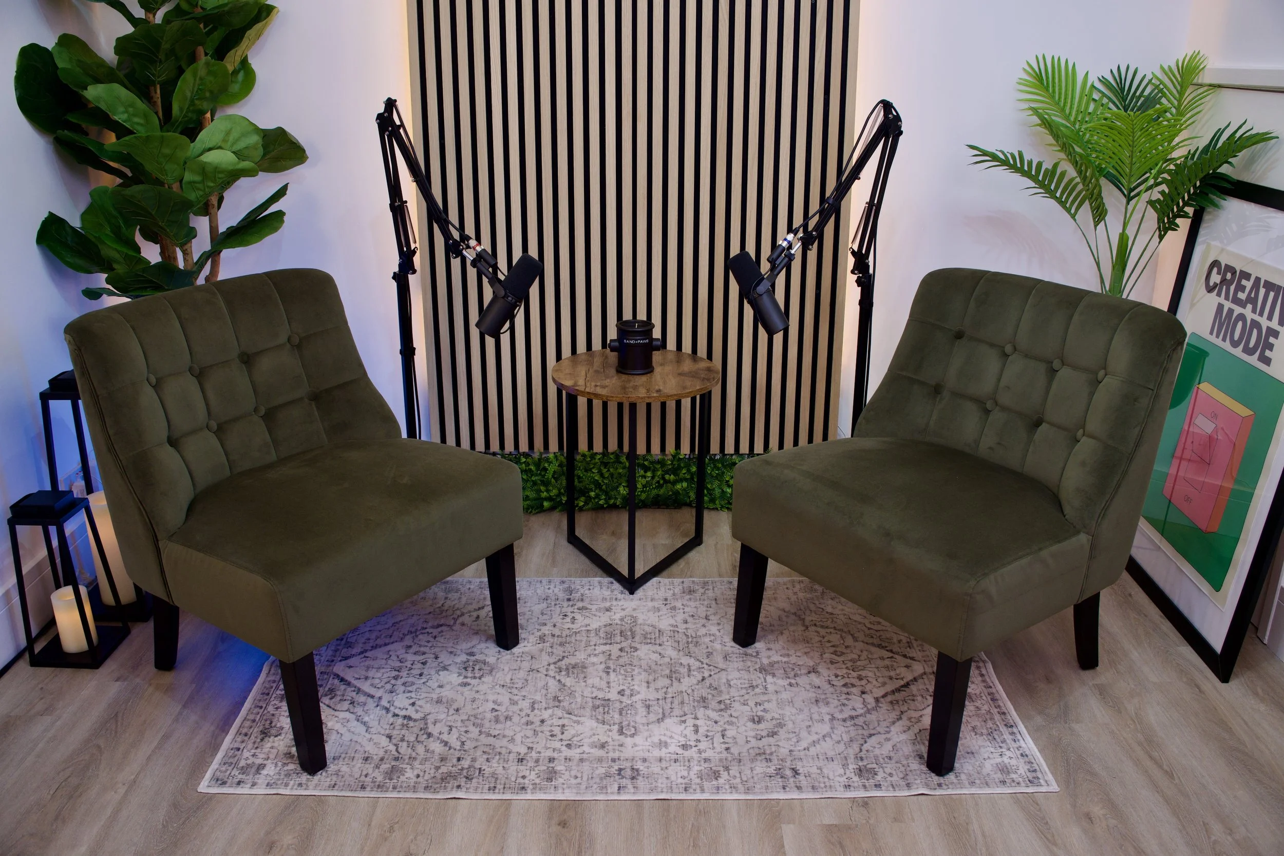 Two green upholstered chairs facing each other in a recording studio setup, with two microphones on adjustable stands, a small round wooden table between them, decorative plants, framed artwork, and a patterned area rug.