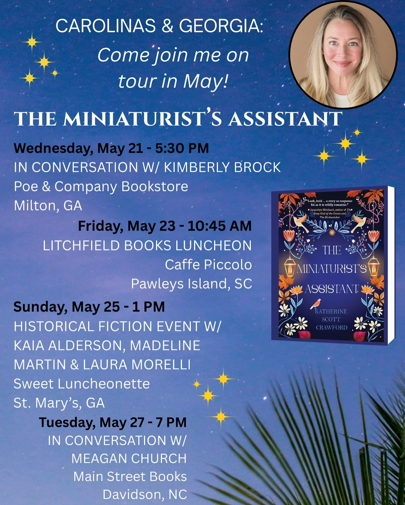 Tomorrow I head out on the longest leg of book tour for THE MINIATURIST&rsquo;S ASSISTANT. 🚙

I&rsquo;m roadtripping from the mountains of Western North Carolina to the Piedmont of Georgia, down to the South Carolina Lowcountry, then to the Georgia 