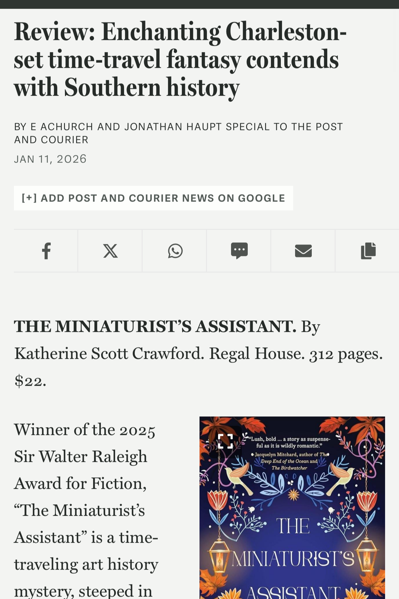 review of the miniaturist’s assistant in the post &amp; courier (Charleston, SC)