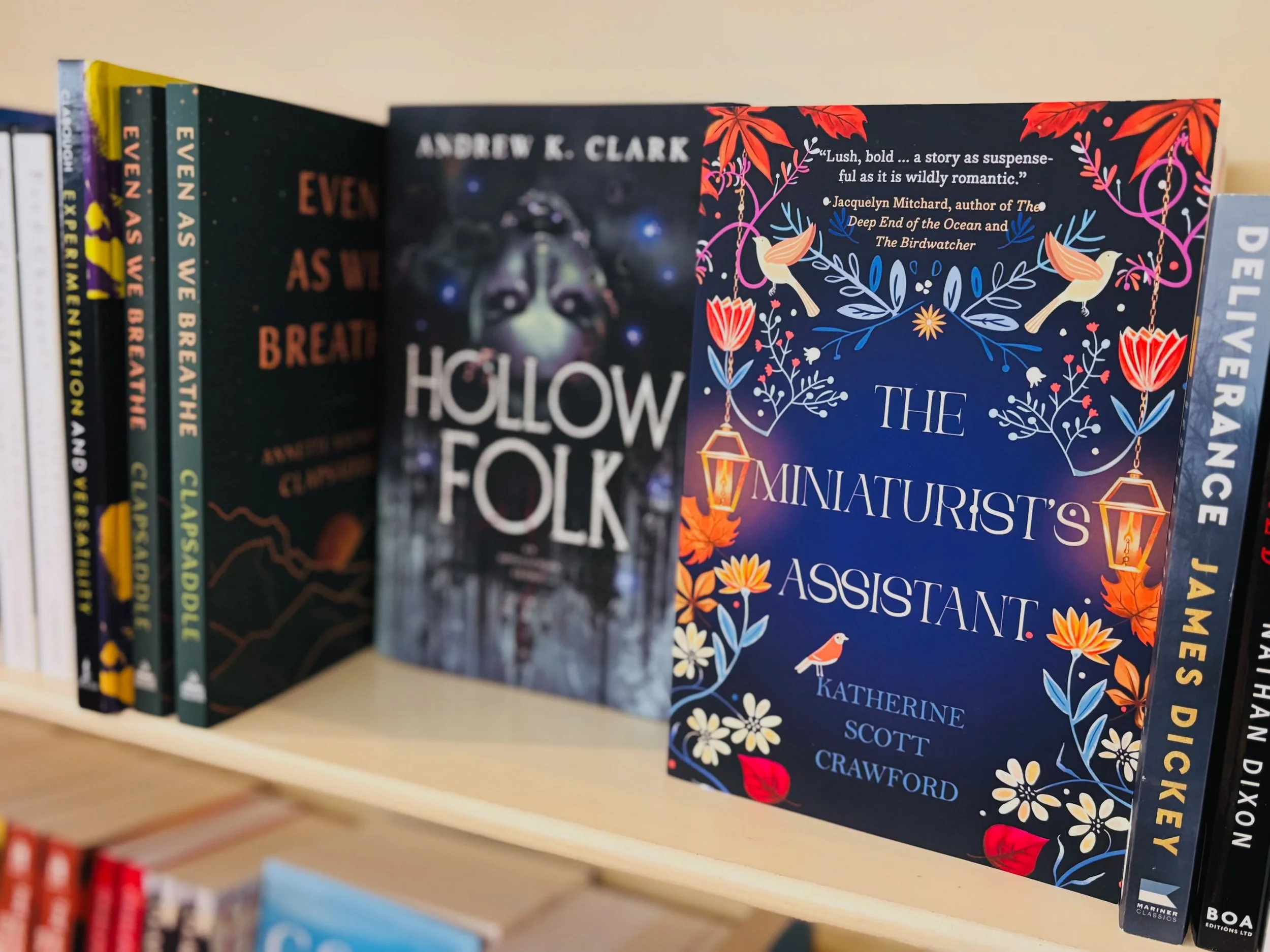 There&rsquo;s some dang good company next to THE MINIATURIST&rsquo;S ASSISTANT on the shelf @highland_books right now! 

I really like when my book hangs out with writers like @andrewkclarkthe &amp; @annette_saunooke_clapsaddle . 

Downtown #brevardn