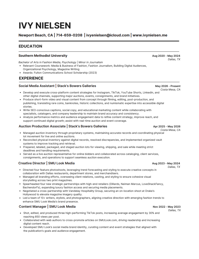 Resume of Ivy Nielsen, showcasing education from Southern Methodist University, and work experience including roles at Stack's Bowers Galleries and SMU Look Media, with contact information at the top.