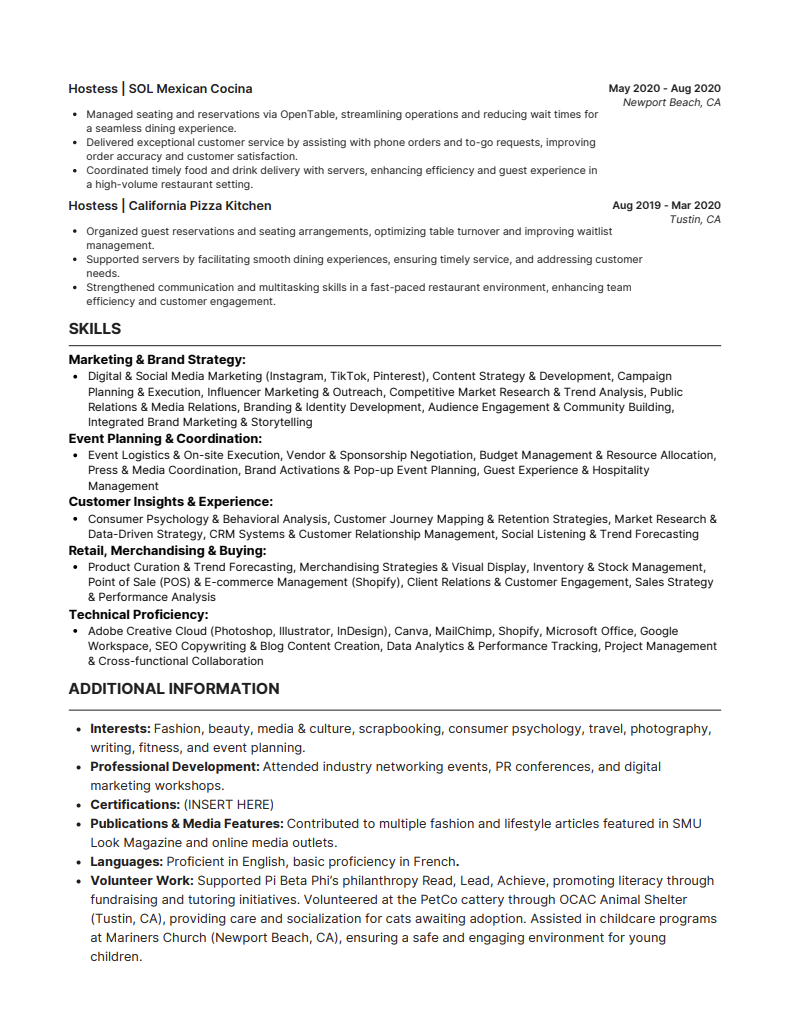 A resume detailing experience in Mexican cuisine and pizza kitchen management, marketing and event planning skills, technical proficiency, and volunteer work for animal shelter charity.