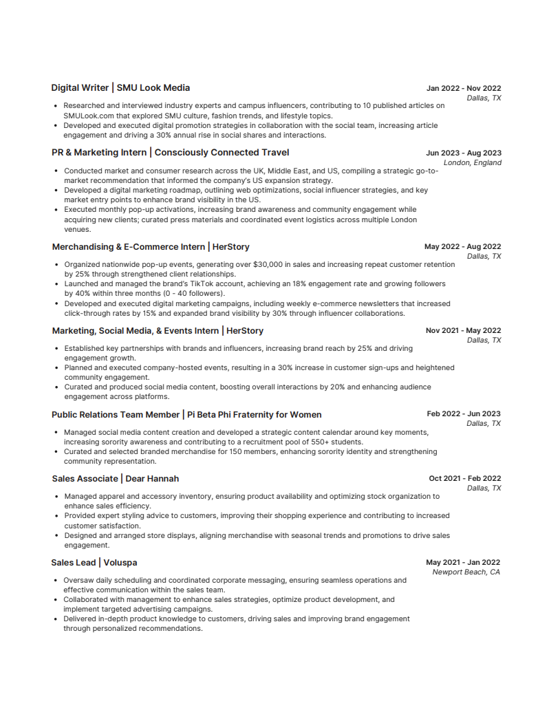A professional resume showcasing experience in digital marketing, PR, merchandising, social media, public relations, sales, and marketing roles, with locations in Texas, England, and California, and dates ranging from 2021 to 2023.