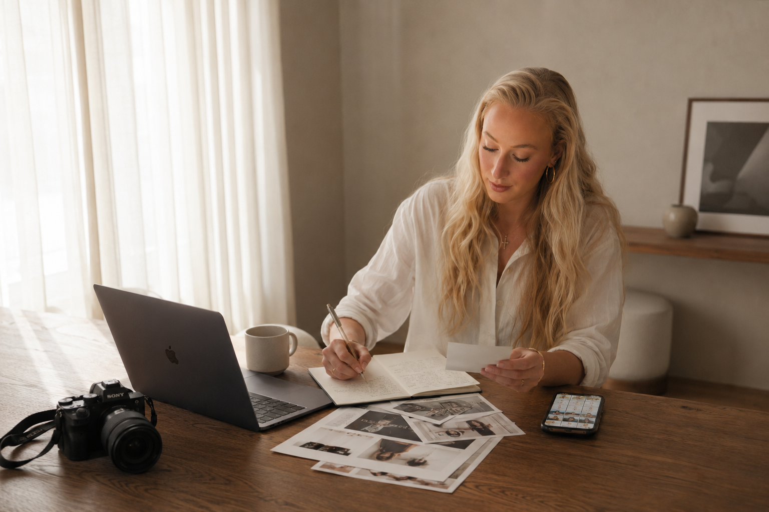 A woman with long blonde hair sits at a wooden table, writing in a notebook with photographs and a smartphone nearby, in a well-lit room with a laptop, mug, and framed picture in the background.