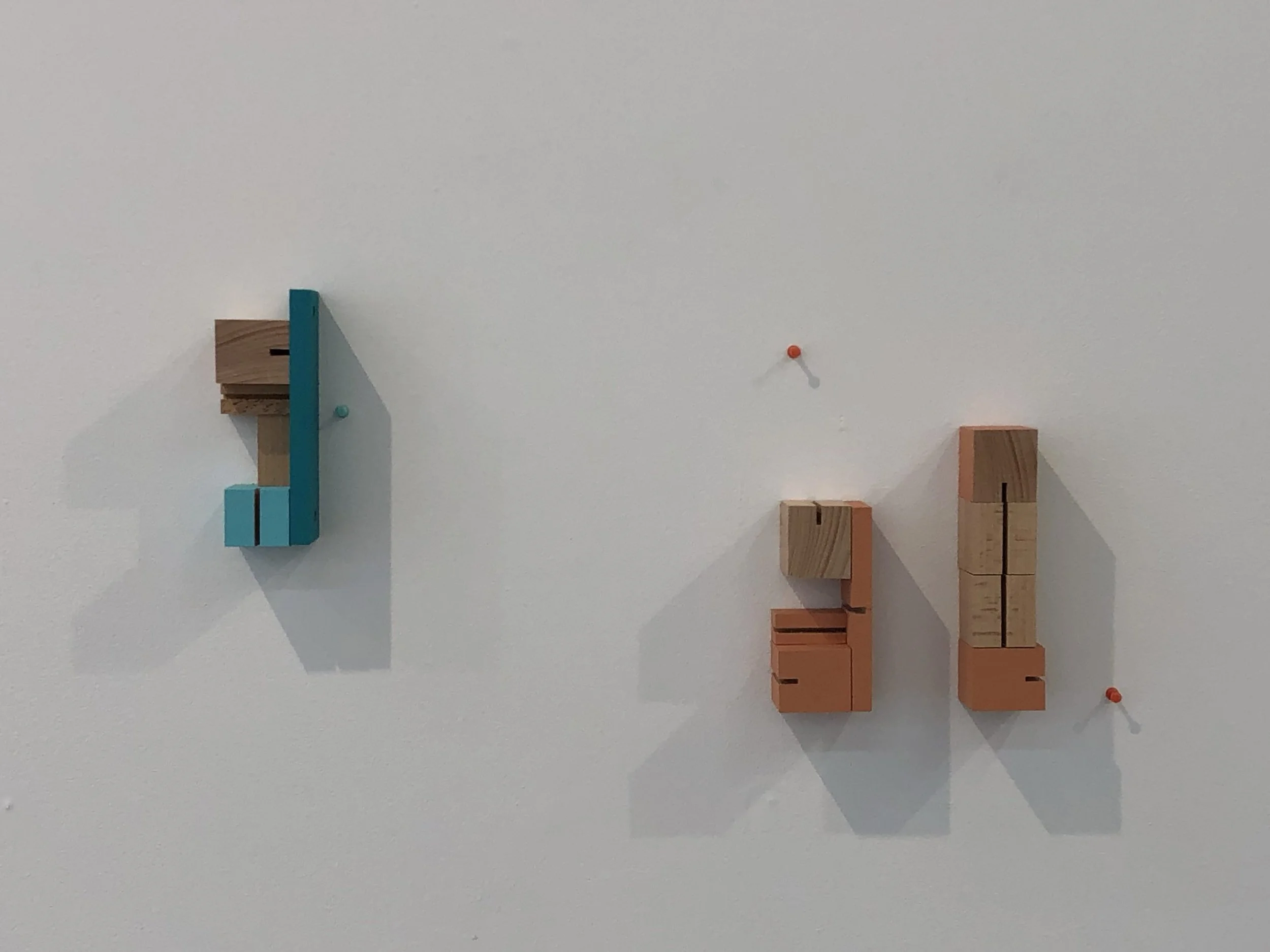 Apartment Complex
Wood blocks in three different shapes painted with gouache mounted on the wall, push pins