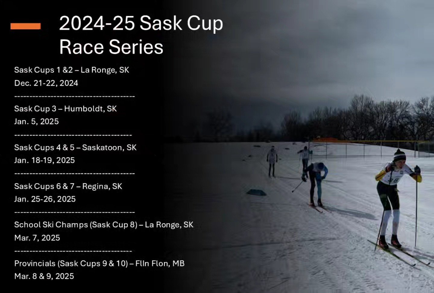 La Ronge Nordic Ski Club is hosting the first Sask Cup races of the season this coming weekend (Dec. 21&amp; 22, 2024)

The  temperatures and snow conditions are looking good!

Registration deadline is 8pm on Wed. Dec 18.

The Event Website with Race