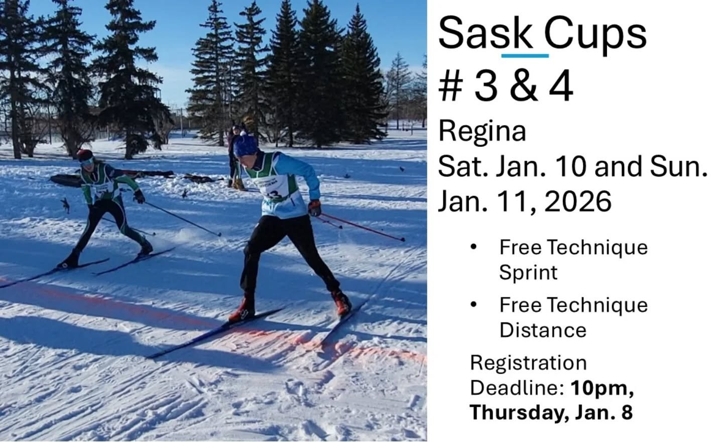 The Regina Ski Club is hosting the second Sask Cup weekend of the season (Sask Cups 3&amp;4) this coming weekend!

The race notice and race formats have been modified from the original plan to now feature two Free Technique races, a sprint on Saturda