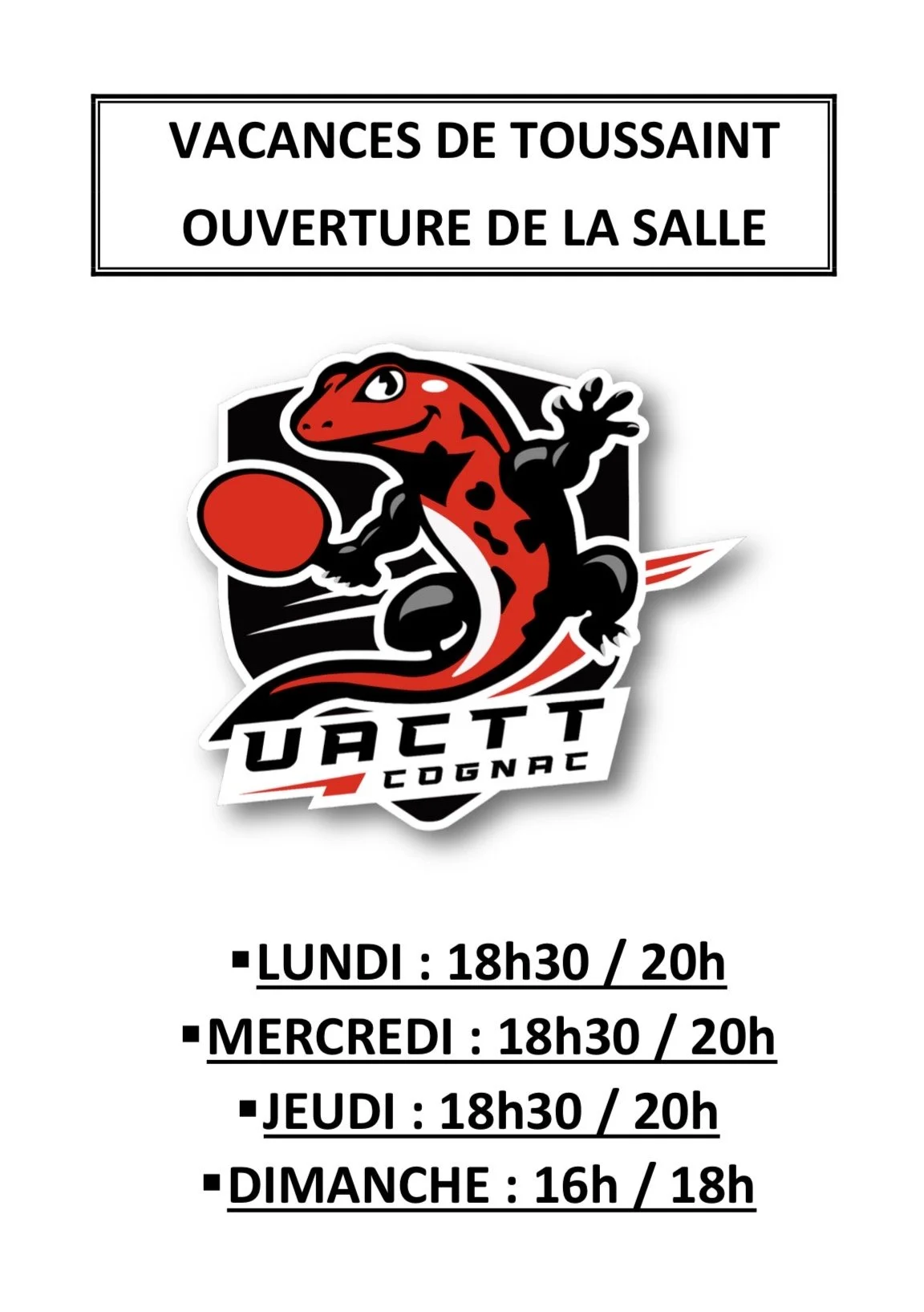 VACANCES DE TOUSSAINT – HORAIRES D’OUVERTURE DE LA SALLE&nbsp;