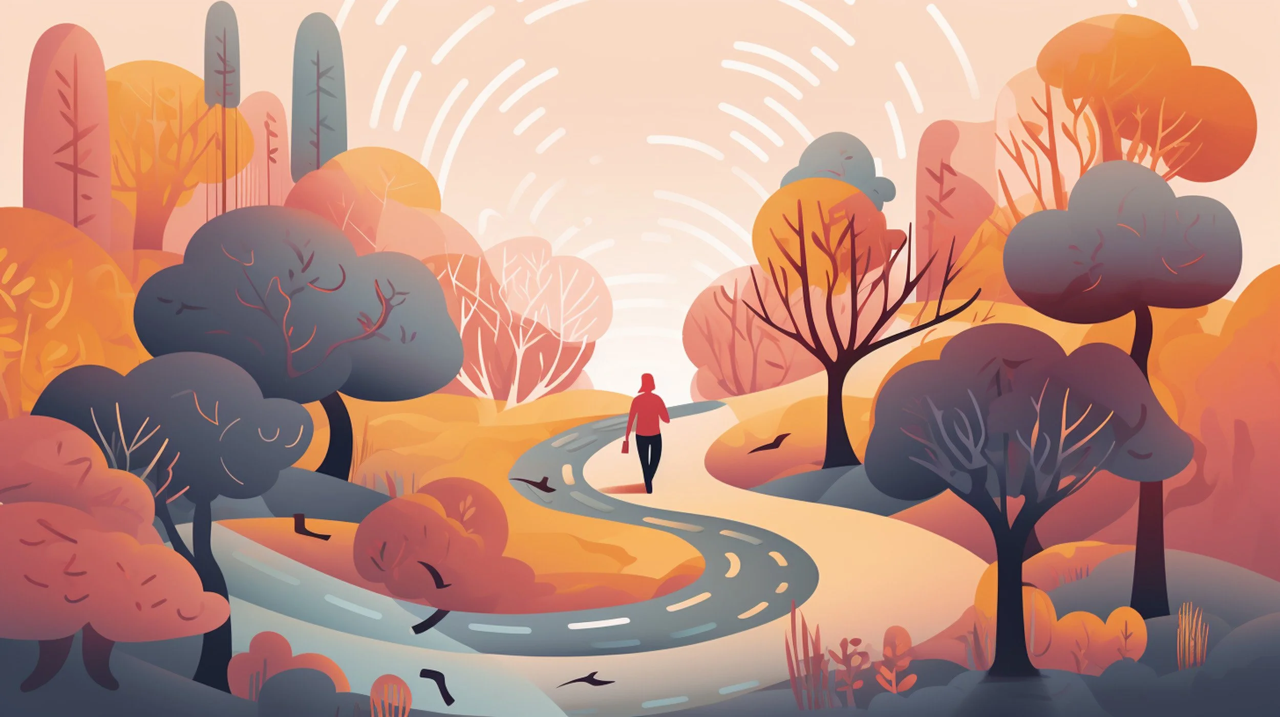 a warm-toned digital art piece with a woman walking down a path in a beautiful natural setting