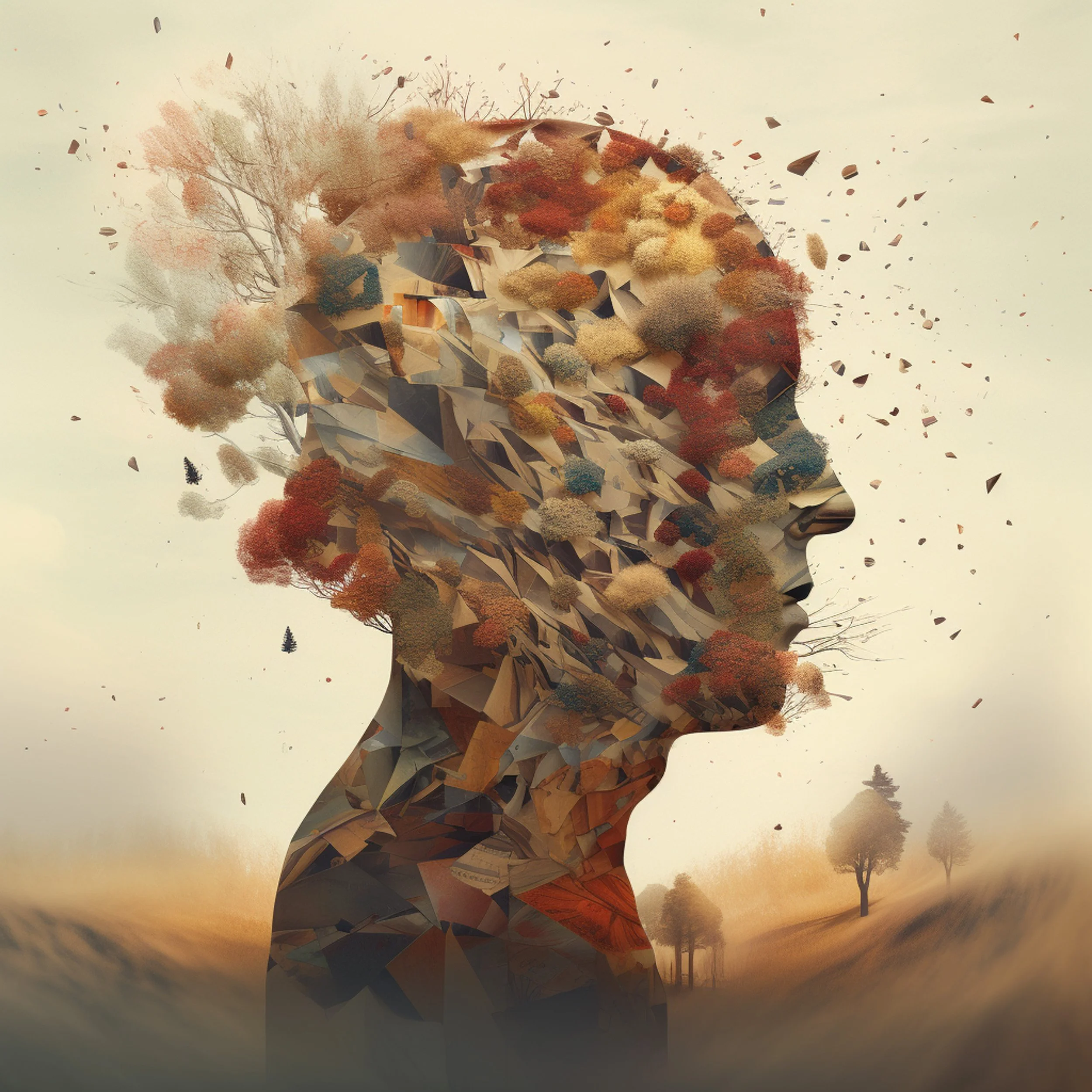 an art piece with many swirling images inside a person, conveys a sense of chaos and overwhelming feelings