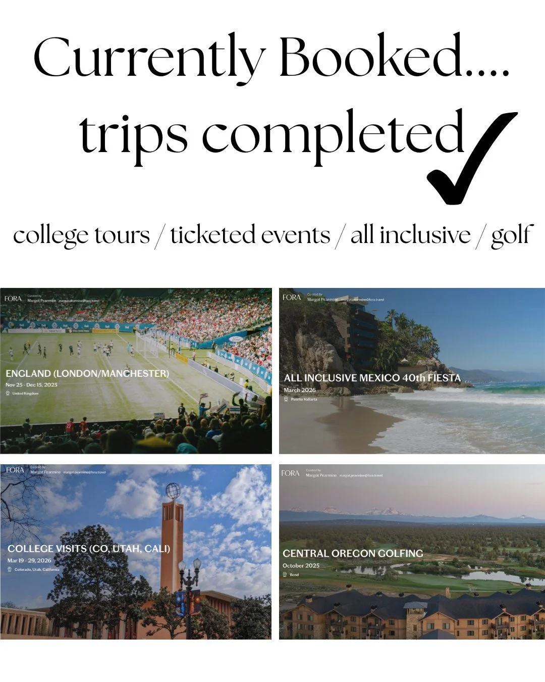 As a travel advisor, I curate a seamless travel experience&mdash;from booking to arrival. I&rsquo;m officially one year into my business and loving every moment of helping clients plan unforgettable trips. Here are just a few ways I can help: 
🎓 Col