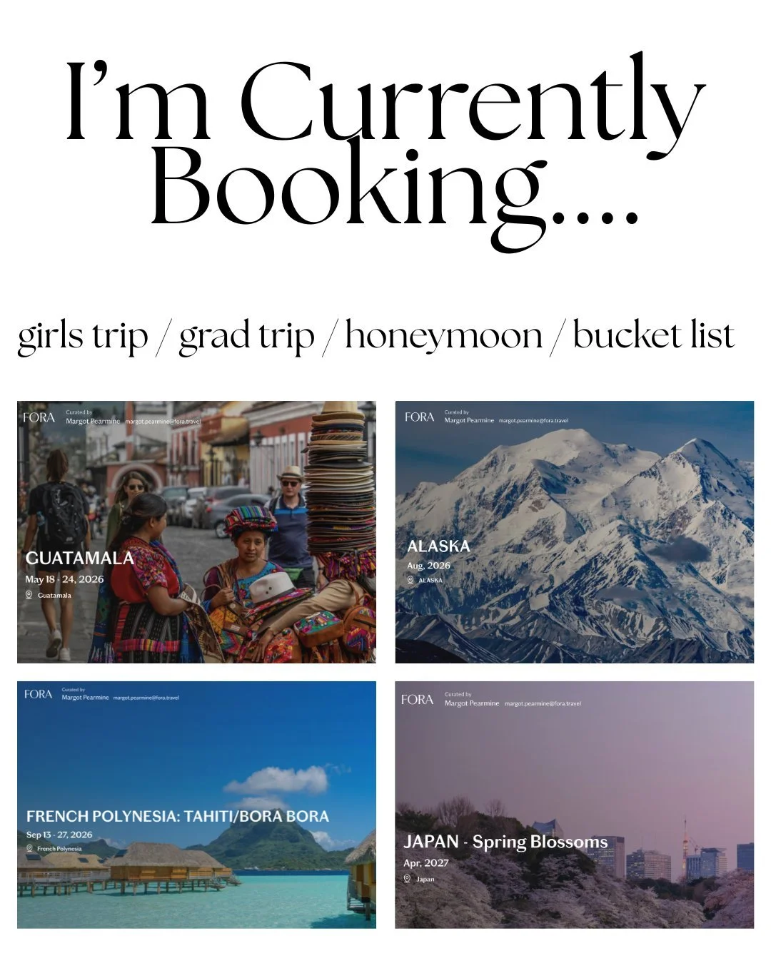 Curious what I am doing as a travel advisor?  Currently, I&rsquo;m booking some incredible destinations and helping clients turn their dream trips into booked adventures!

🌸 Japan &mdash; think cherry blossoms, vibrant cities, and unforgettable cult